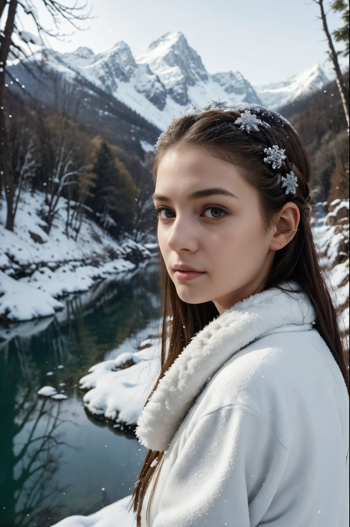 portrait, (masterpiece), (best quality:1.4), absurdness, [:intricate details1.5], 1girl, perfect face, tree, snow, solo, outdoors, water, mountain, waterfall, winter outfit, long hair, scenery, winter, lake, (looking at viewer:1.4), day, sky, reflection, 64k, ULTRAHD,