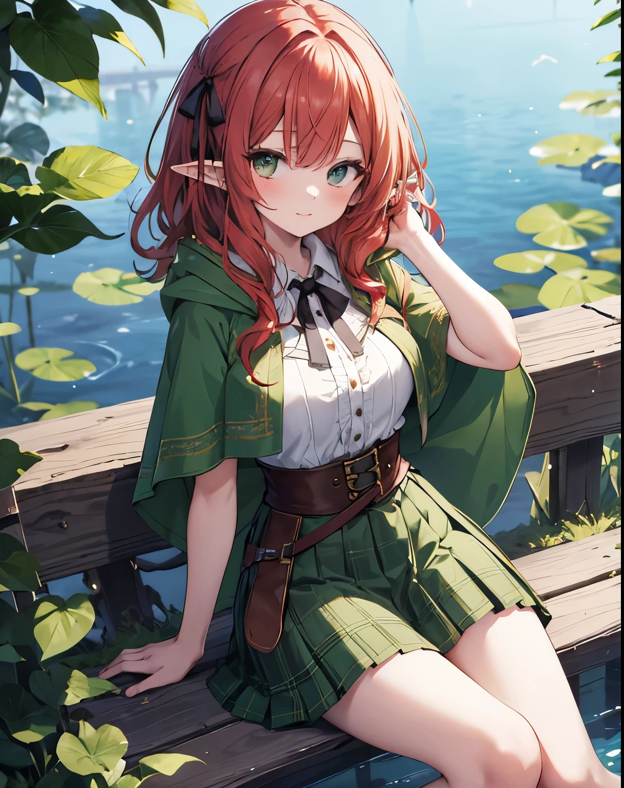 masterpiece,1girl, sparrow, a red haired girl, wearing a medieval european villager clothes, curly medium hair, messy hair, green skirt, short green capelet with furry hoody, slim body, medium breasts, she close her left eye, shirt ornament, lolippai, hair ribbon, innocent face, beautiful breasts, rounded breasts, zamrud eyes, pleated skirt, plaid skirt, she is an elf, she sit in the lake at the forest, pointy ears