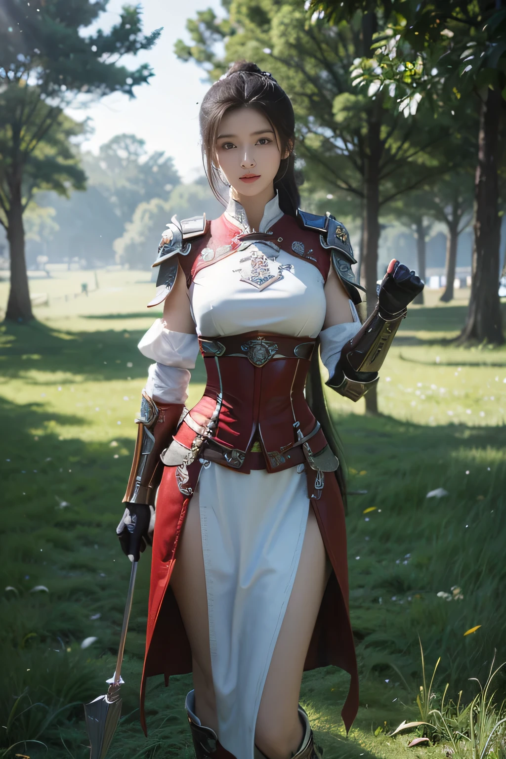 masterpiece，Best quality，A high resolution，8K，Original photo，real photo，forest background,((field：1.8))，digital photography，(Female generals on the battlefield in the Han Dynasty)，(((standing on the grass)))，18-year-old girl，（long ponytail hairstyle)，cparted lips，Full and erect breasts，Noble and charming，Elegant and serious，(silver armor），The combination of white metal and red leather，chest metal armor，metallic luster，Leather buckle，Exquisite pattern，mysterious badge，Cool and gorgeouig breasts))，Chest groove，Three Kingdoms character painting style，Photo pose，oc render reflection texture，bright shades，looking into camera，Bright afternoon