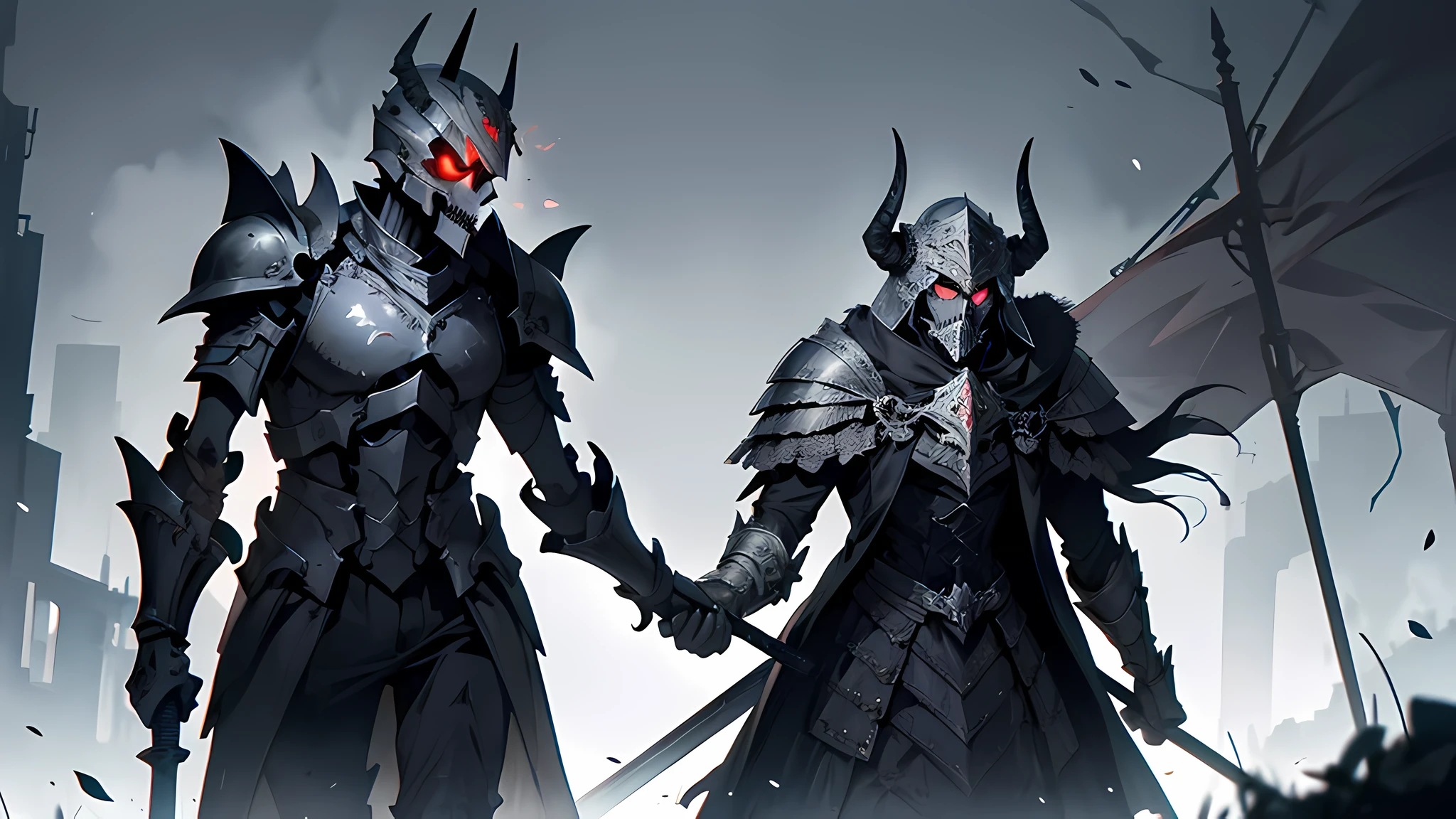 The image depicts a skeleton, an intimidating ancient war helmet. The helmet has a robust design with intricate details and an air of awe. The skeleton is standing, with an erect and imposing posture. He seems to be talking to an infernal soldier. The infernal soldier is a demonic figure with horns, scaly skin, and glowing eyes. He is wearing dark, sinister armor, with a sword or spear gripped in one hand. The hell soldier is also on his feet, testing the skeleton with a determined expression. The scene takes place in a dark and gloomy environment, such as a desolate battlefield or a hellish realm. There may be additional elements such as smoke, flames or debris to create a more dramatic and intense atmosphere.