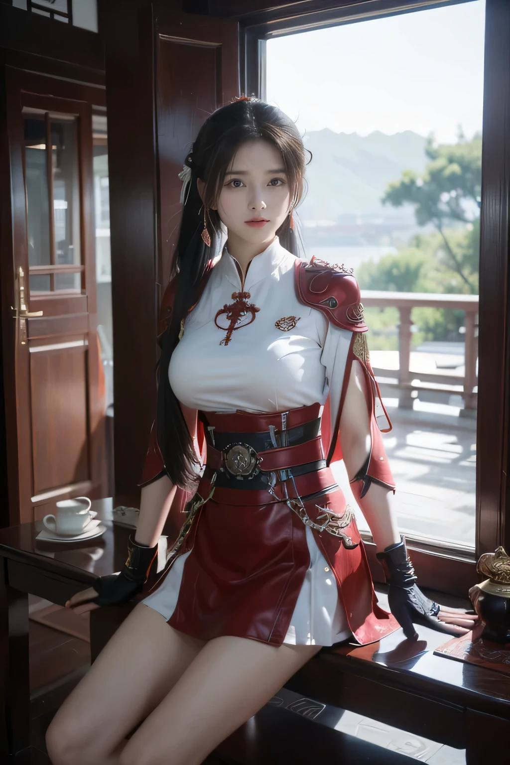 masterpiece，Best quality，A high resolution，8K，Original photo，real photo，森林背景,((野外：1.8))，digital photography，(汉代战场中的女将军)，(((站在草地上)))，18-year-old girl，（long ponytail hairstyle)，cparted lips，胸部丰满挺立，Noble and charming，Elegant and serious，(银色铠甲），The combination of white metal and red leather，胸部铠甲，metallic luster，Leather buckle，Exquisite pattern，mysterious badge，Cool and gorgeouig breasts))，Chest groove，三国人物画风，Photo pose，oc render reflection texture，亮丽的色调，看着镜头，明朗的下午