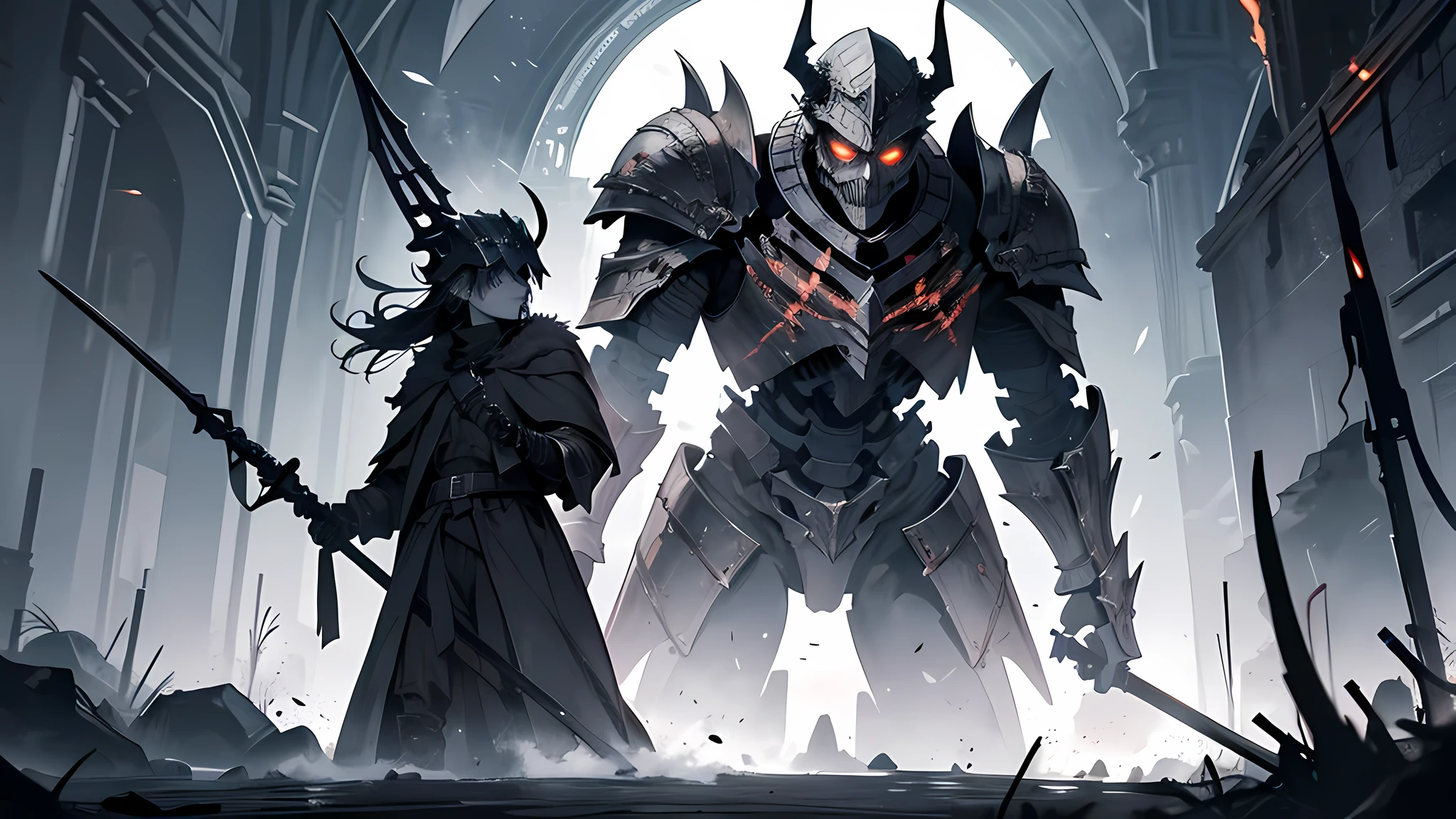 The image depicts a skeleton, an intimidating ancient war helmet. The helmet has a robust design with intricate details and an air of awe. The skeleton is standing, with an erect and imposing posture. He seems to be talking to an infernal soldier. The infernal soldier is a demonic figure with horns, scaly skin, and glowing eyes. He is wearing dark, sinister armor, with a sword or spear gripped in one hand. The hell soldier is also on his feet, testing the skeleton with a determined expression. The scene takes place in a dark and gloomy environment, such as a desolate battlefield or a hellish realm. There may be additional elements such as smoke, flames or debris to create a more dramatic and intense atmosphere.