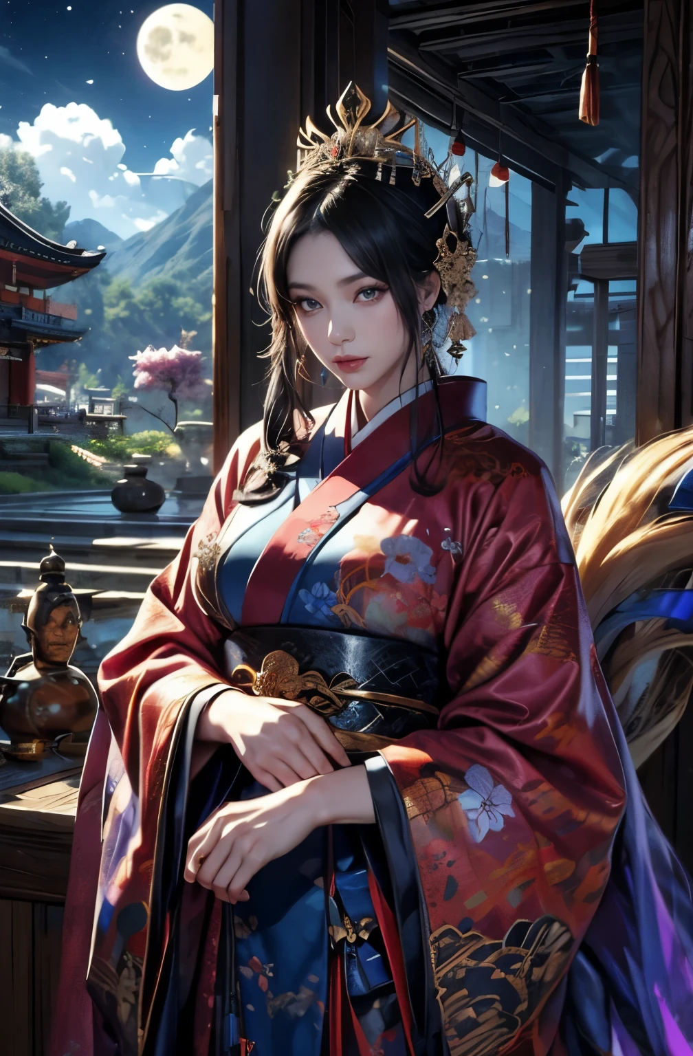 beautiful devil painting, SakuraFubuki, Senbonzakura, flowers falling in the wind, Big Yokai, Charm, monster queen, empress of fear, queen of hell, Six paths of reincarnation, The beauty of the leaning country, beautiful black haired devil, beautiful makeup, golden hair, white face, nine tailed fox, Has a devil's mask, he looks 27 years old, Butterfly Dreams, Sharp beauty, Bewitching, Chinese peony, peony, lily flower, Beautiful red kimono, Oiran, highest ranking woman, Hundreds of flowers are in full bloom, flower of slaughter, Female Yakuza, devil living in an outhouse, ruler of the red light district, Works that influenced Chen Yifei, Works that influenced Francesco Hayes, Inspired by Hendrik Terbruggen, Jean=Works that influenced Auguste Dominique Ingres, Inspired by Liu Jun, Jean=Works that influenced Auguste Dominique Ingres, highest quality, perfect angle, perfect composition, best shot, official art, cinematic light, figurative art, Beautiful and expressive paintings, Beautiful artwork illustration, wonderful, cool beauty, clear, Muromachi Fantasy, Mysterious, Mysterious, highest quality, 4K, official art, perfect composition, perfect angle, best shot, women only, sharp outline, pretty much beautiful face, beautiful and detailed eyes, Eyes without pupils, demon of kyoto, Charmの主, cold devil woman, phantom, Hyakki Night Line, The Way of Shura, Female Yakuza, full body tattoo, underworld, diamond, Rashomon, Gion Seisha, Snow Moon Wind Flowers, The action is permanent, under the light of a meteor, flying flowers and fallen leaves, Dream Bubble, close