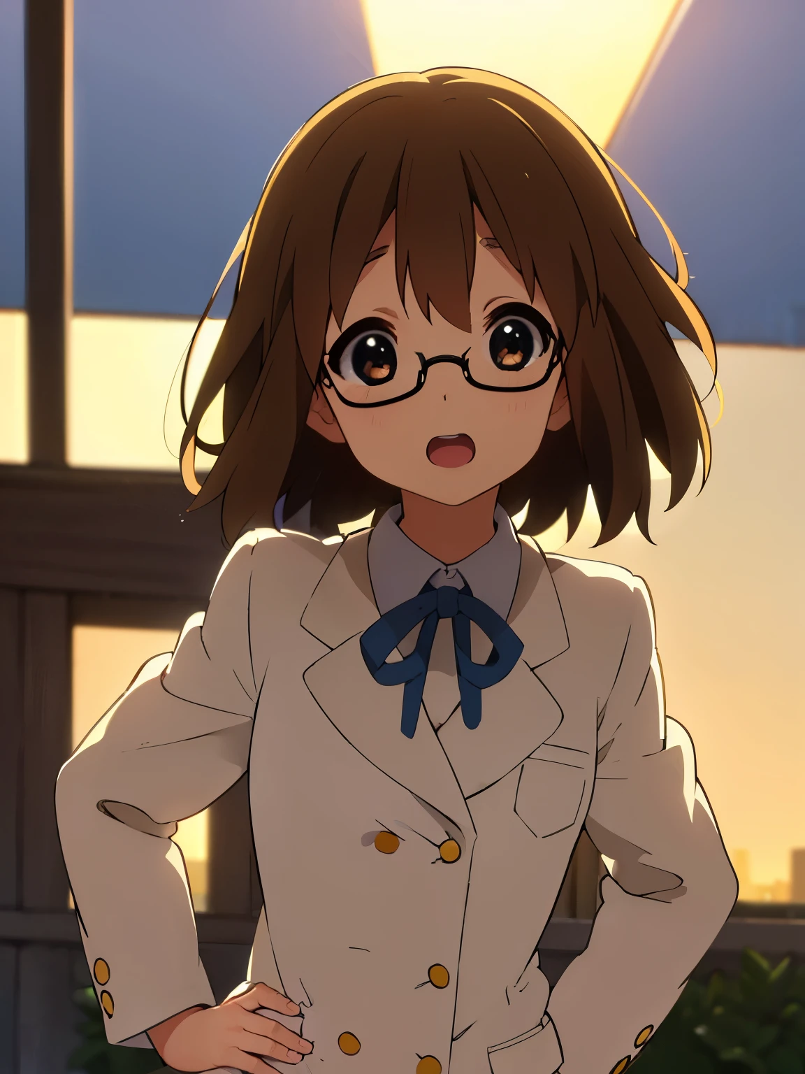 1girl, (((​masterpiece))), top-quality, top-quality, High Details, Hirasawa Yui, 1girl, Sakuragaoka High School Uniform, student clothes, two yellow hairpin, short hair, A brown-haired, brown-eyed, glasses, 独奏, reddish, Dark blue blazer with thin blue ribbon, Solid white buttoned shirt under blazer, illustratio, comic strip, soothing tones, Subdued Color, Soft cinematic light, adobe lightroom, photolab, HDR, intricately and hyper-detailed、(((depth of fields))))。(((​masterpiece)))。(((top-quality))).)((ultra-detailliert)))。(((illustratio)))。(((takeout))).dynamic focus.big breasts.(((Skyscrapers))).(((A city scape))).(((Face of happiness))). open mouth.(((put hands on the hip))).(((up chest))).((afternoon glow)).((the setting sun)).