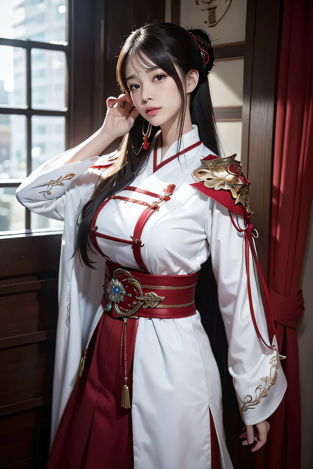 masterpiece,Best quality,A high resolution,8K,Original photo,real photo,森林背景,((野外:1.8)),digital photography,(汉代战场中的女将军),(((站在草地上))),18-year-old girl,(long ponytail hairstyle),cparted lips,胸部丰满挺立,Noble and charming,Elegant and serious,(银色铠甲),The combination of white metal and red leather,胸部铠甲,metallic luster,Leather buckle,Exquisite pattern,mysterious badge,Cool and gorgeouig breasts)),Chest groove,三国人物画风,Photo pose,oc render reflection texture,亮丽的色调,看着镜头,明朗的下午