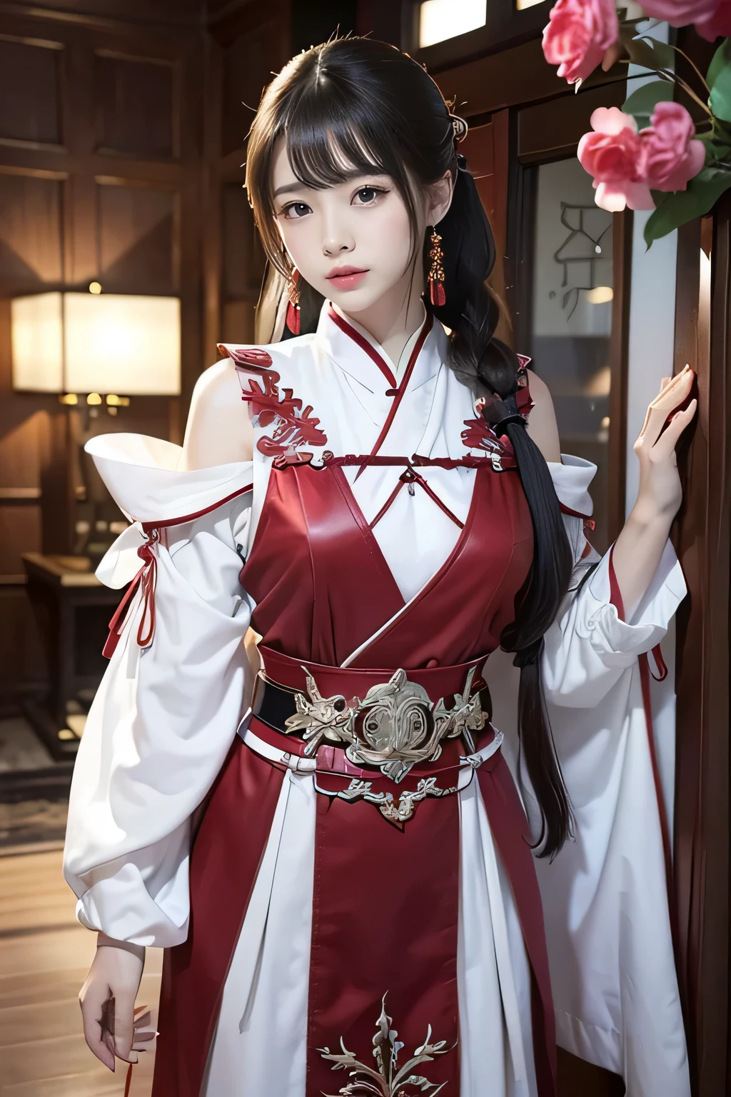masterpiece，Best quality，A high resolution，8K，Original photo，real photo，森林背景,((野外：1.8))，digital photography，(汉代战场中的女将军)，(((站在草地上)))，18-year-old girl，（long ponytail hairstyle)，cparted lips，胸部丰满挺立，Noble and charming，Elegant and serious，(银色铠甲），The combination of white metal and red leather，胸部铠甲，metallic luster，Leather buckle，Exquisite pattern，mysterious badge，Cool and gorgeouig breasts))，Chest groove，三国人物画风，Photo pose，oc render reflection texture，亮丽的色调，看着镜头，明朗的下午