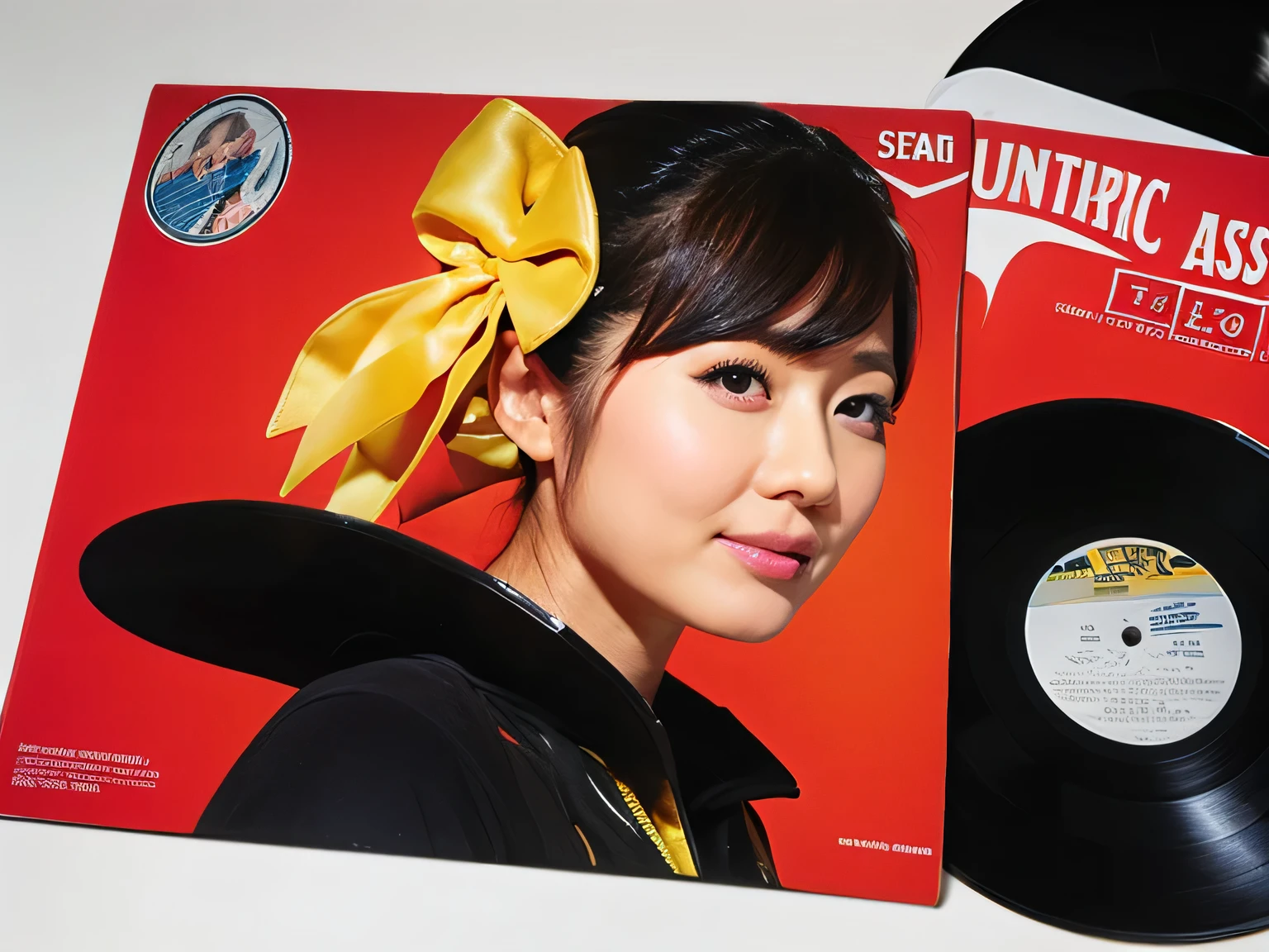 (very detailed,8K,masterpiece:1.2), Close-up of records and album covers, accurate depiction, Records half pulled out on the table, Album cover design、LoRA JAV movie features incredibly beautiful close-up shots of bikini-clad busts。, Record product photo