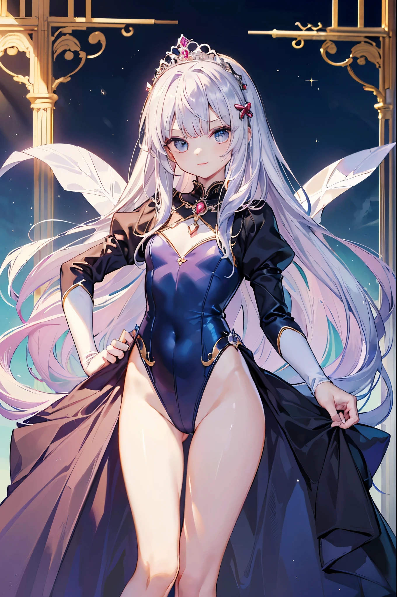 ((master piece、8k、highest quality: 1.3、perfect fingers: 1.3、perfect anatomy: 1.3、background blur))、((ultra precision))、(、straight long hair: 1.5)、(gossiper、tiara、princess dress leotard、Slender beautiful girl:1.5)、(Front angle、happy smile、palace garden)