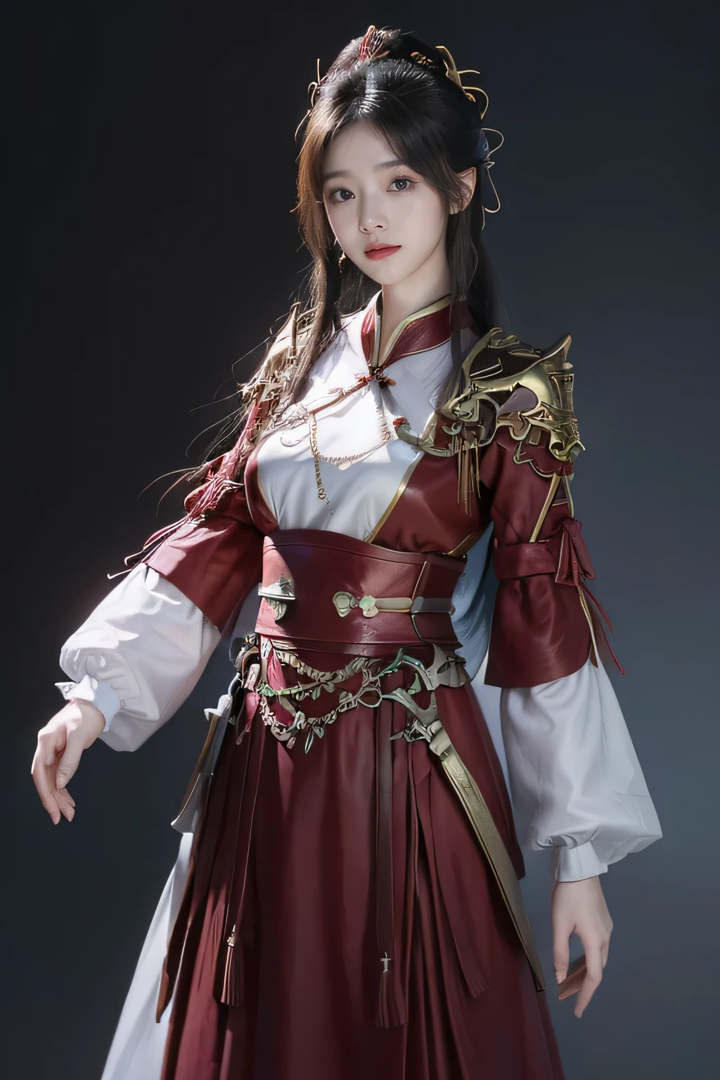 masterpiece,Best quality,A high resolution,8K,Original photo,real photo,森林背景,((野外:1.8)),digital photography,(汉代战场中的女将军),(((站在草地上))),18-year-old girl,(long ponytail hairstyle),cparted lips,胸部丰满挺立,Noble and charming,Elegant and serious,(汉代铠甲),The combination of white metal and red leather,胸部铠甲,metallic luster,Leather buckle,Exquisite pattern,mysterious badge,Cool and gorgeouig breasts)),Chest groove,三国人物画风,Photo pose,oc render reflection texture,亮丽的色调,看着镜头,明朗的下午