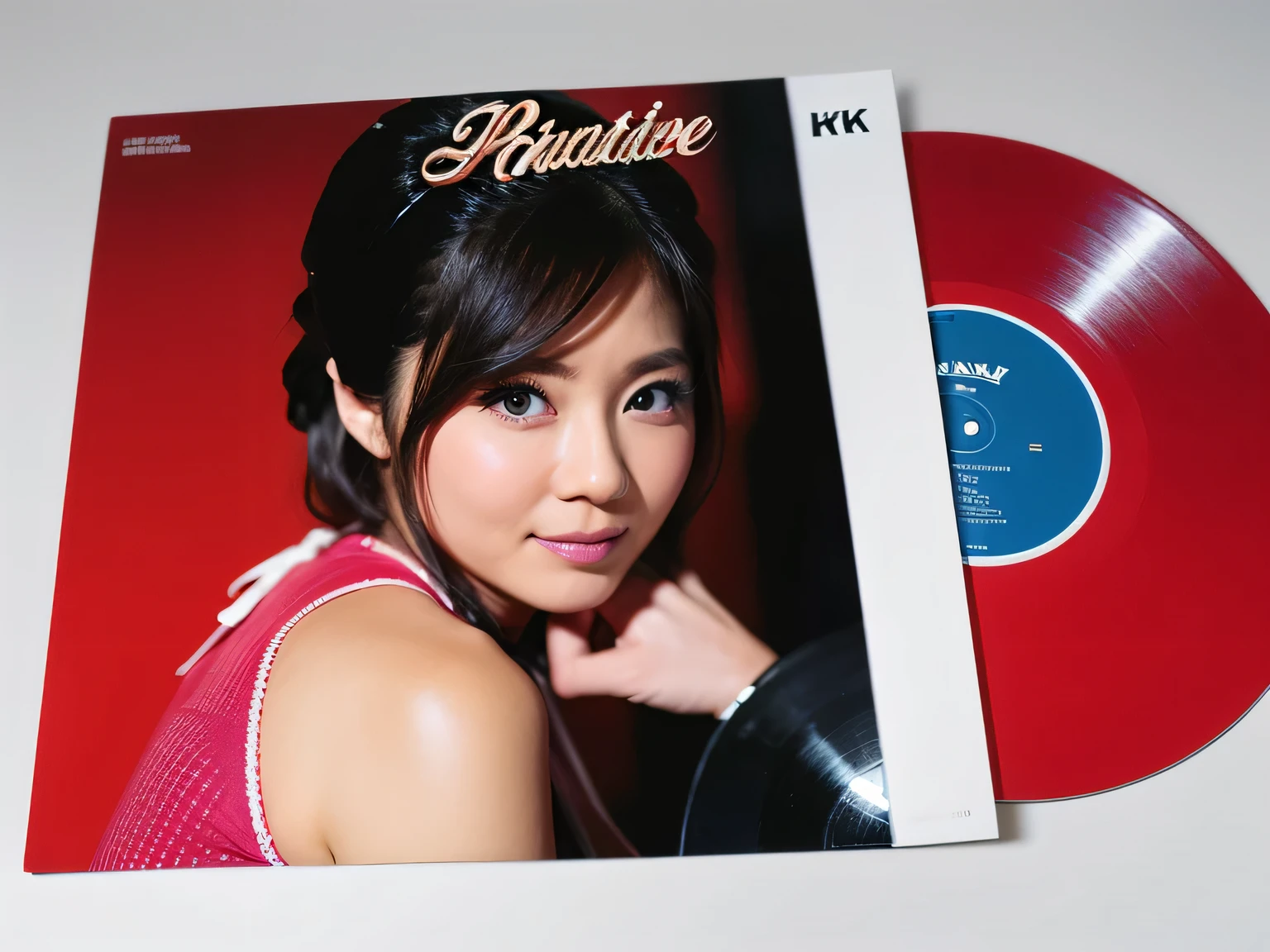 (masterpiece, 8K, highest quality:1.2), Album cover with half-drawn black record on table, accurate depiction, Close-up of record and album cover, Album jacket design is LoRA&#39;Super beautiful JAV bikini bust shot, Record product photos,