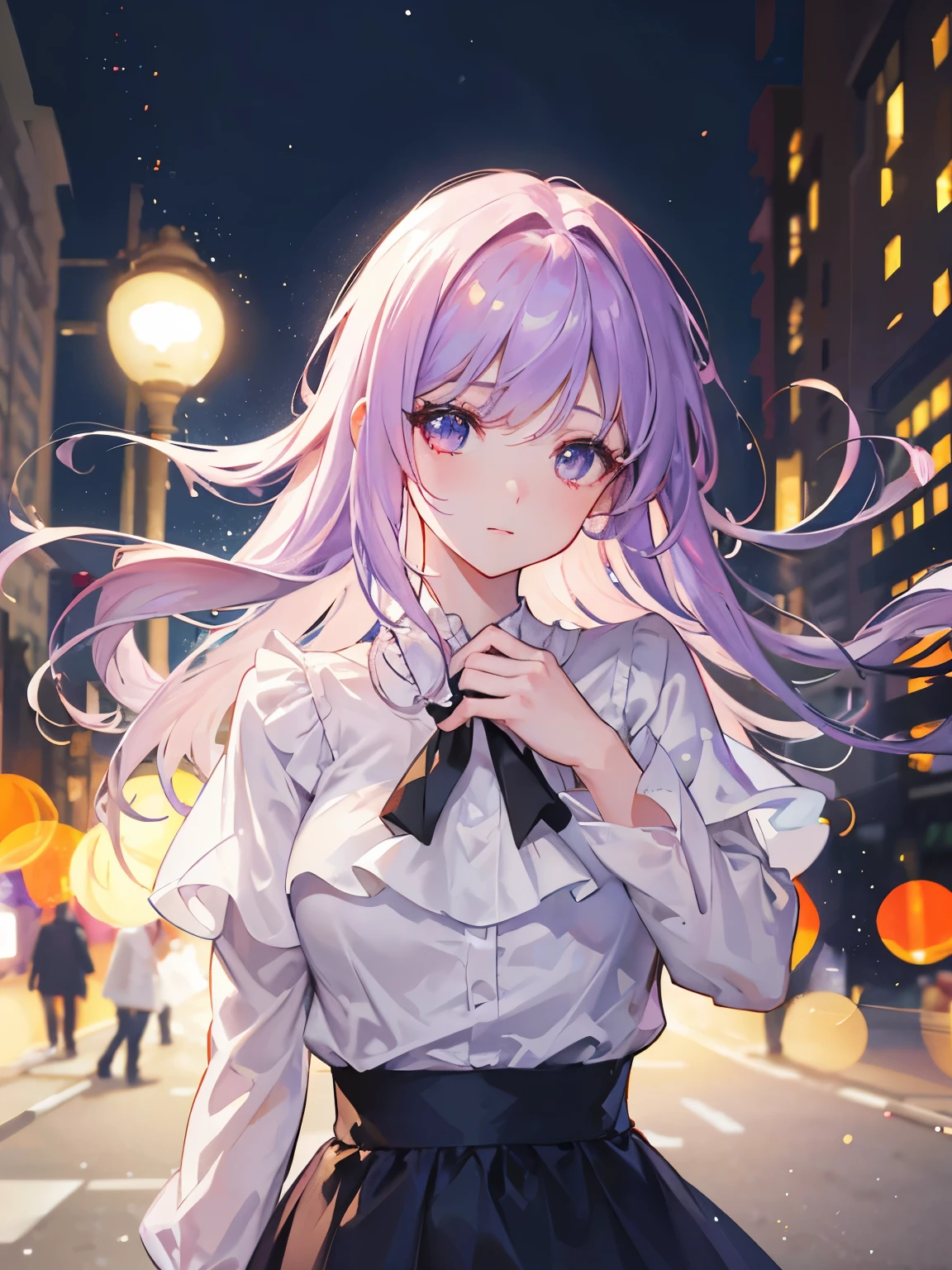 highest quality, realistic, 1 girl, woman,(skin dents), Medium chest, (bright), (professional lighting, Bokeh), (street), people々, crowd, Braided bangs, (blouse:1.5), (I wore:0.8), nice, bloom, floating hair, (dynamic pose:0.6) , soft lighting,