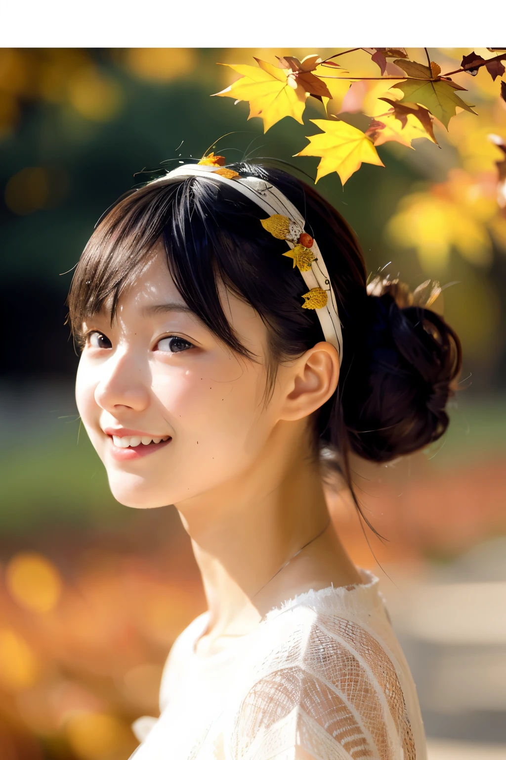 (actual:1.3), Rembrandt lamp, (masterpiece:1.2), (realistically:1.2), (best quality), (delicate skin:1.3), (intricate details), Ray tracing,1 girl, japanese girl, 21 years old, Detailed skin texture, (Face turned red:0.5), subsurface scattering, smiling, bun hair, through bangs, hair between eyes, hair accessories, Common, flowery, wearing edgJF_Common, good seats (sunny, autumn environment, Autumn trees and leaves, (Originally transparent:1.2)