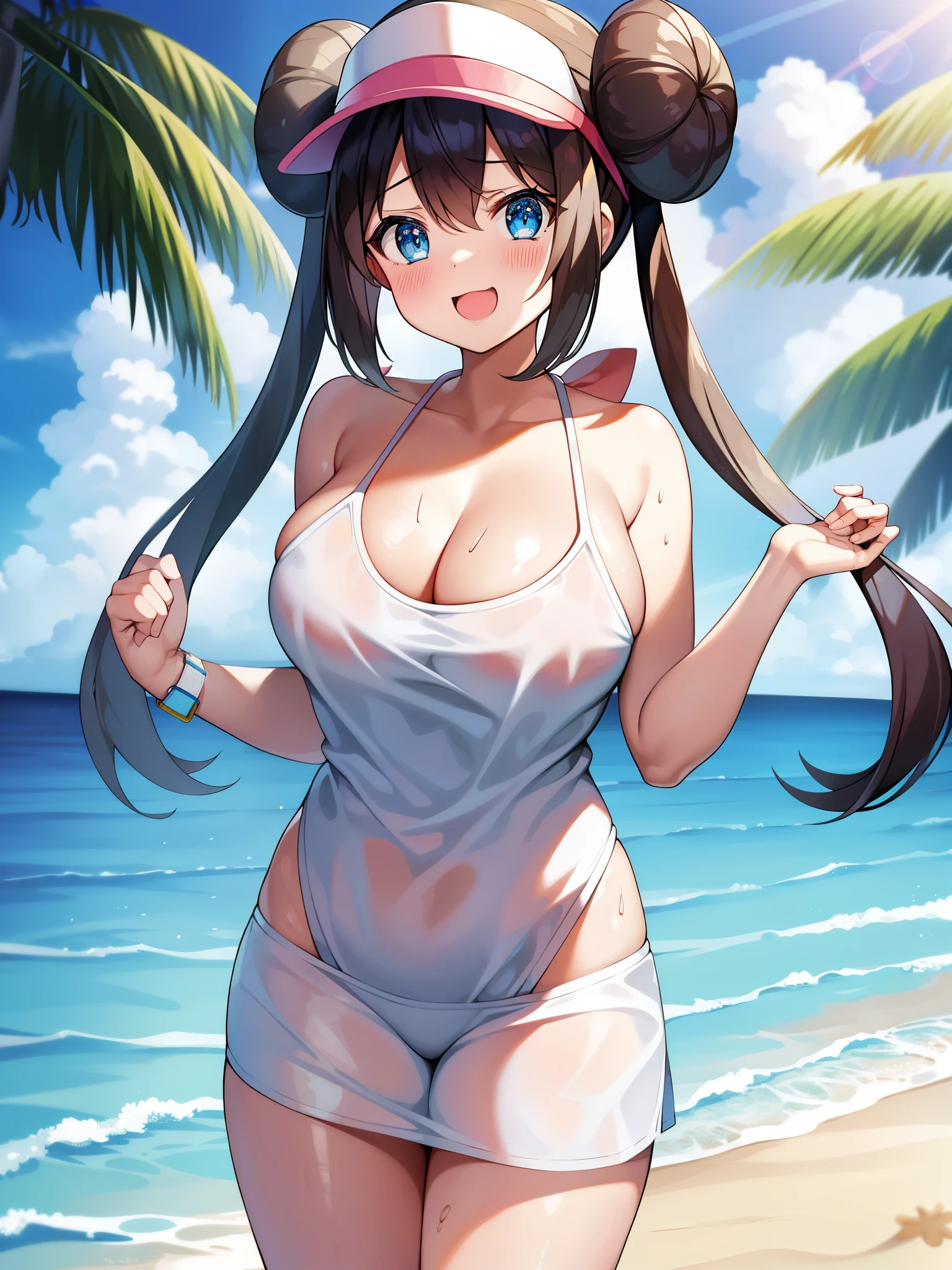 pokémo、big tits milf、big tits milf、big tits milf、RO1、bun hair、blue eyes、twin tails、visor cap、（（（aloha shirt）））+++、（（（aloha shirt）））+++、（（（aloha shirt）））+++、（（（aloha shirt）））+++、watch、middle breast、Are standing、cowboy shot、beach、smile、with both hands holding a large towel