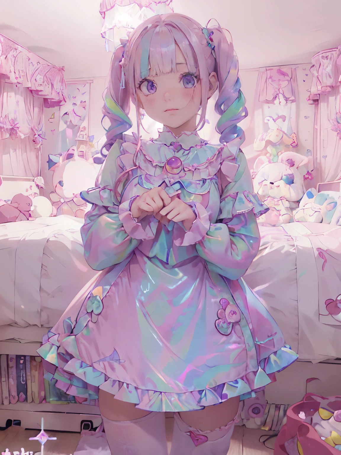 (8K, Best Quality, Master Piece: 1.2), Super High Resolution,beautiful woman,super detailed face, detailed eyes,nose flash,(pink hair, light blue multicolored hair),blunt bang,twintails,Expressionless,BREAK,sailor collar,candy patterned ta fashion,white knee-high socks,Absolute area,lavender color dress,detailed hand fingers,(iridescent light:1.4),Are standing,pink bed with canopy、cute room