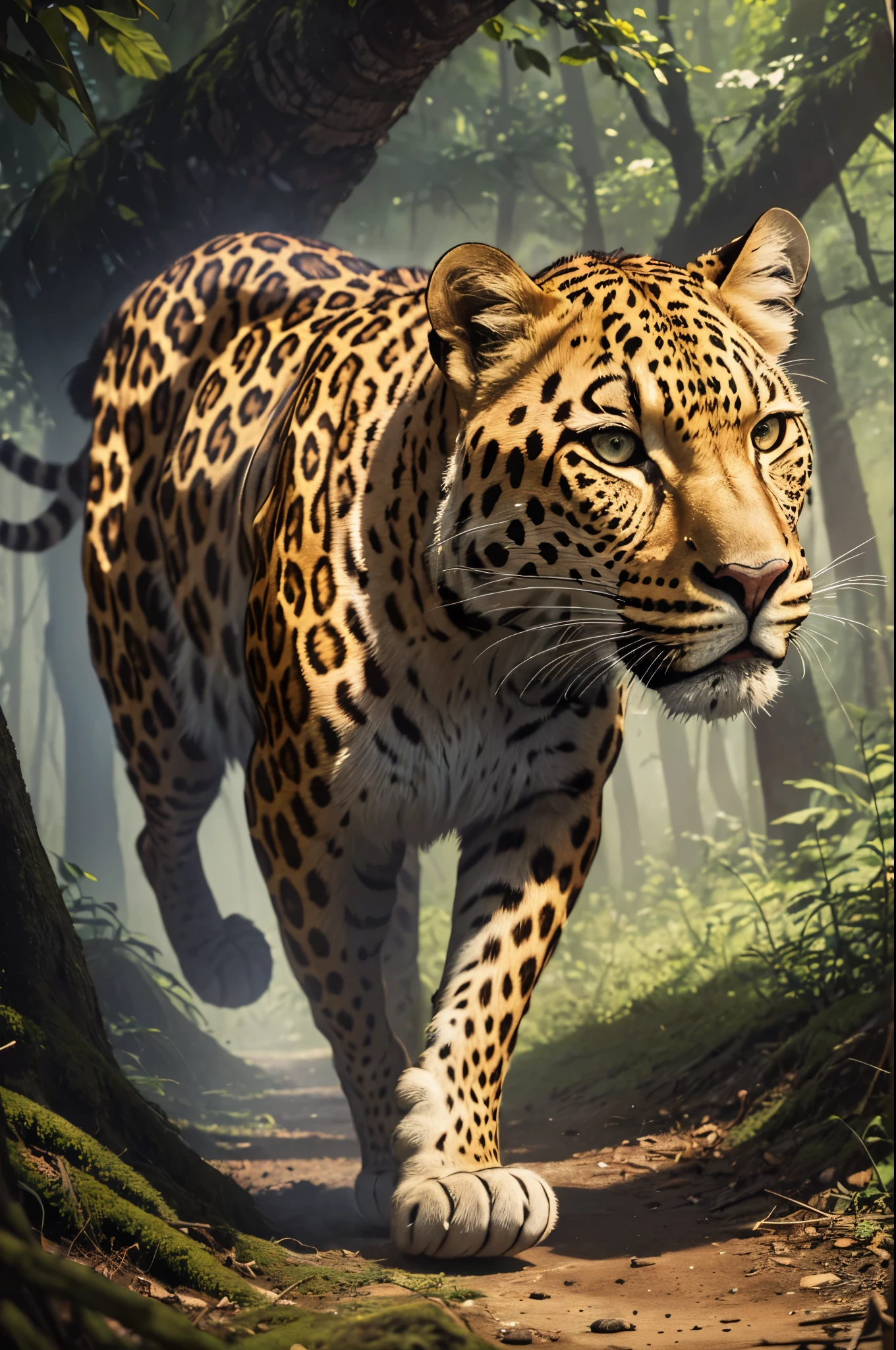 (best quality,4k,8k,highres,masterpiece:1.2),ultra-detailed,realistic,leopard running behind its prey,dense forest,illustration,sharp focus,professional,vivid colors,portrait style,warm color tones,soft lighting