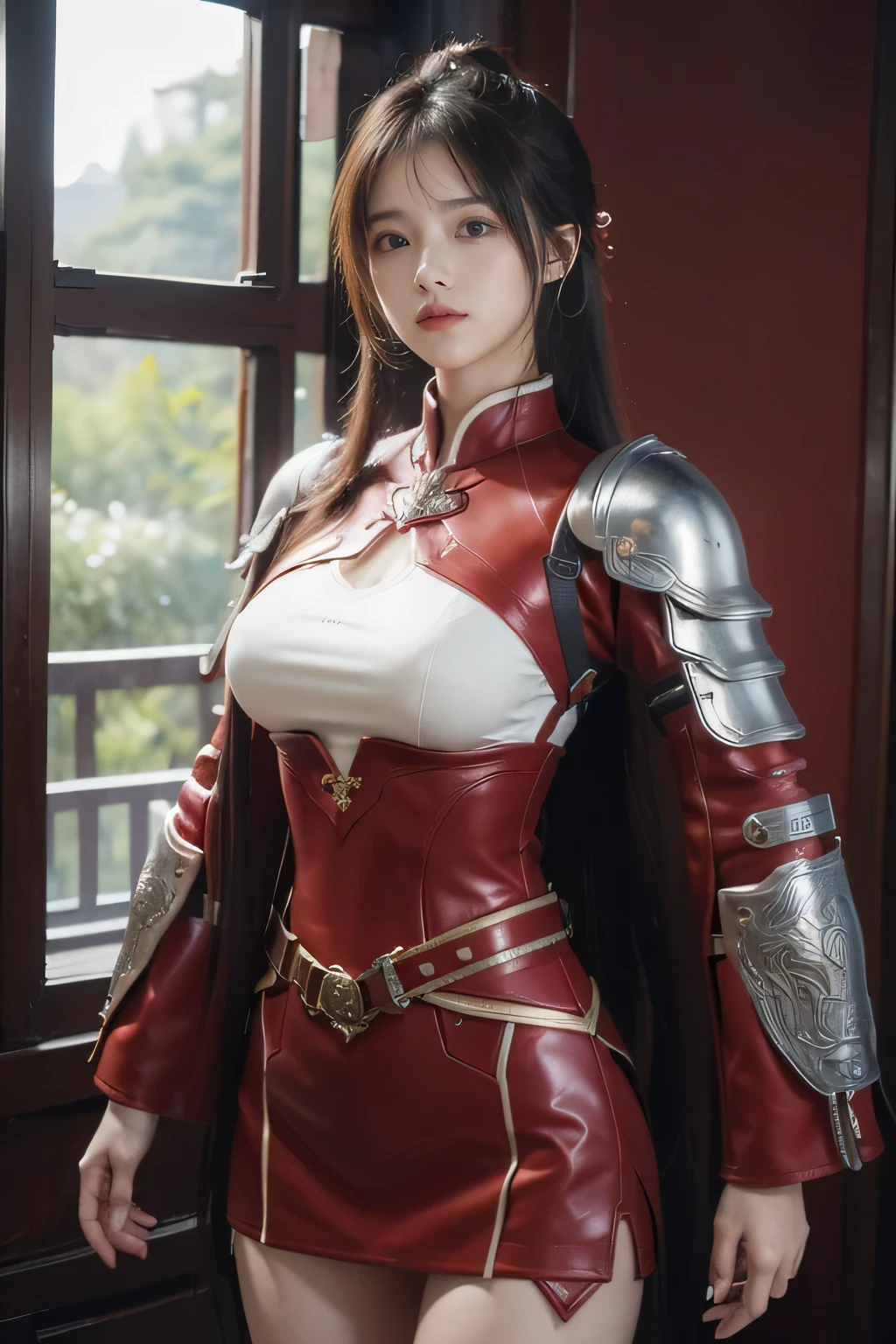 masterpiece,Best quality,A high resolution,8K,Original photo,real photo,森林背景,((野外:1.8)),digital photography,(汉代战场中的女将军),18-year-old girl,(long ponytail hairstyle),cparted lips,Noble and charming,Elegant and serious,(汉代铠甲,The combination of white metal and red leather,Openwork design,armure,Knight Armor,metallic luster,Leather buckle,Exquisite pattern,mysterious badge,Cool and gorgeouig breasts)),Chest groove,三国人物画风,Photo pose,oc render reflection texture,亮丽的色调,看着镜头,明朗的下午
