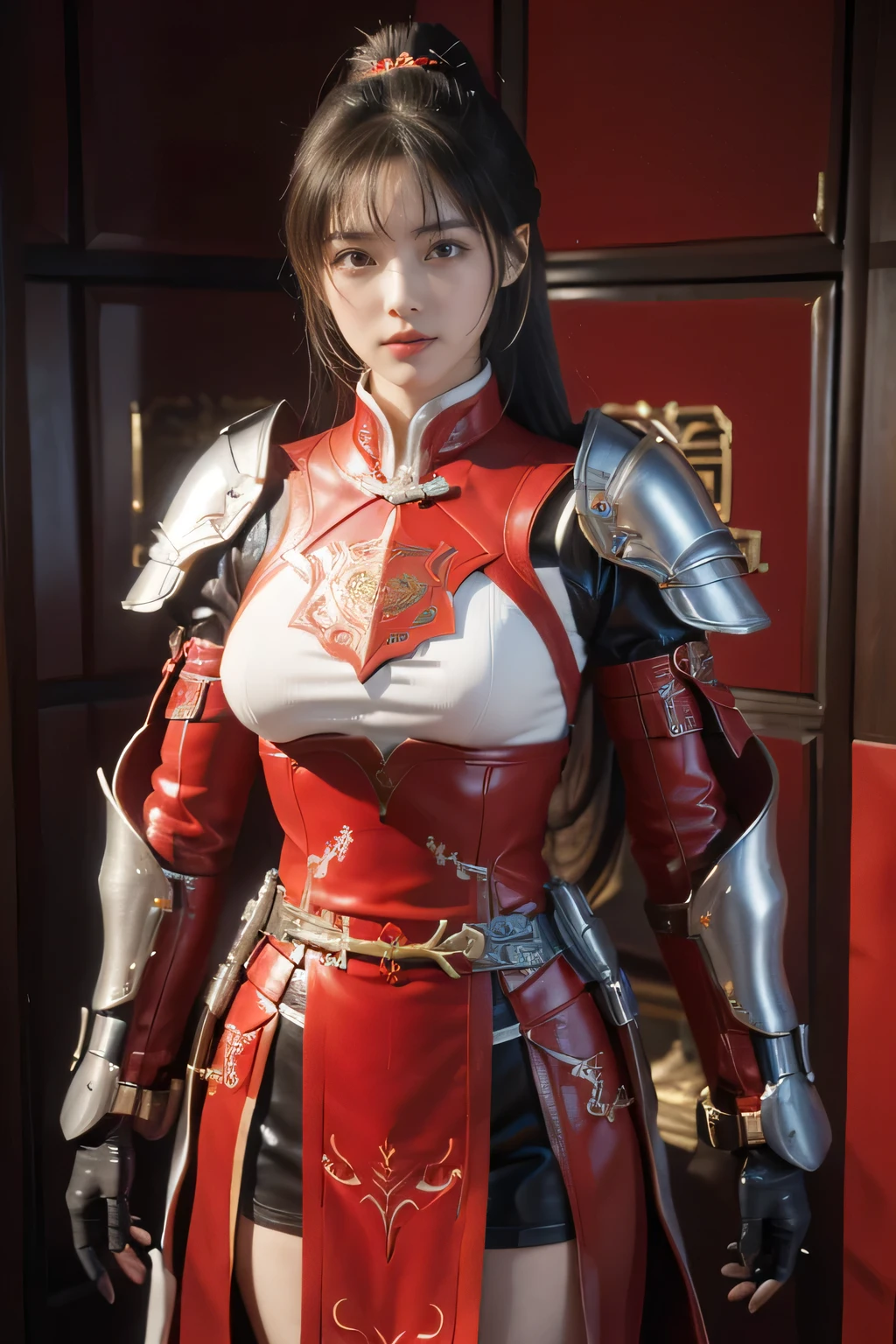 masterpiece,Best quality,A high resolution,8K,Original photo,real photo,森林背景,((野外:1.8)),digital photography,(汉代战场中的女将军),18-year-old girl,(long ponytail hairstyle),cparted lips,Noble and charming,Elegant and serious,(汉代铠甲,The combination of white metal and red leather,Openwork design,armure,Knight Armor,metallic luster,Leather buckle,Exquisite pattern,mysterious badge,Cool and gorgeouig breasts)),Chest groove,三国人物画风,Photo pose,oc render reflection texture,亮丽的色调,看着镜头,明朗的下午