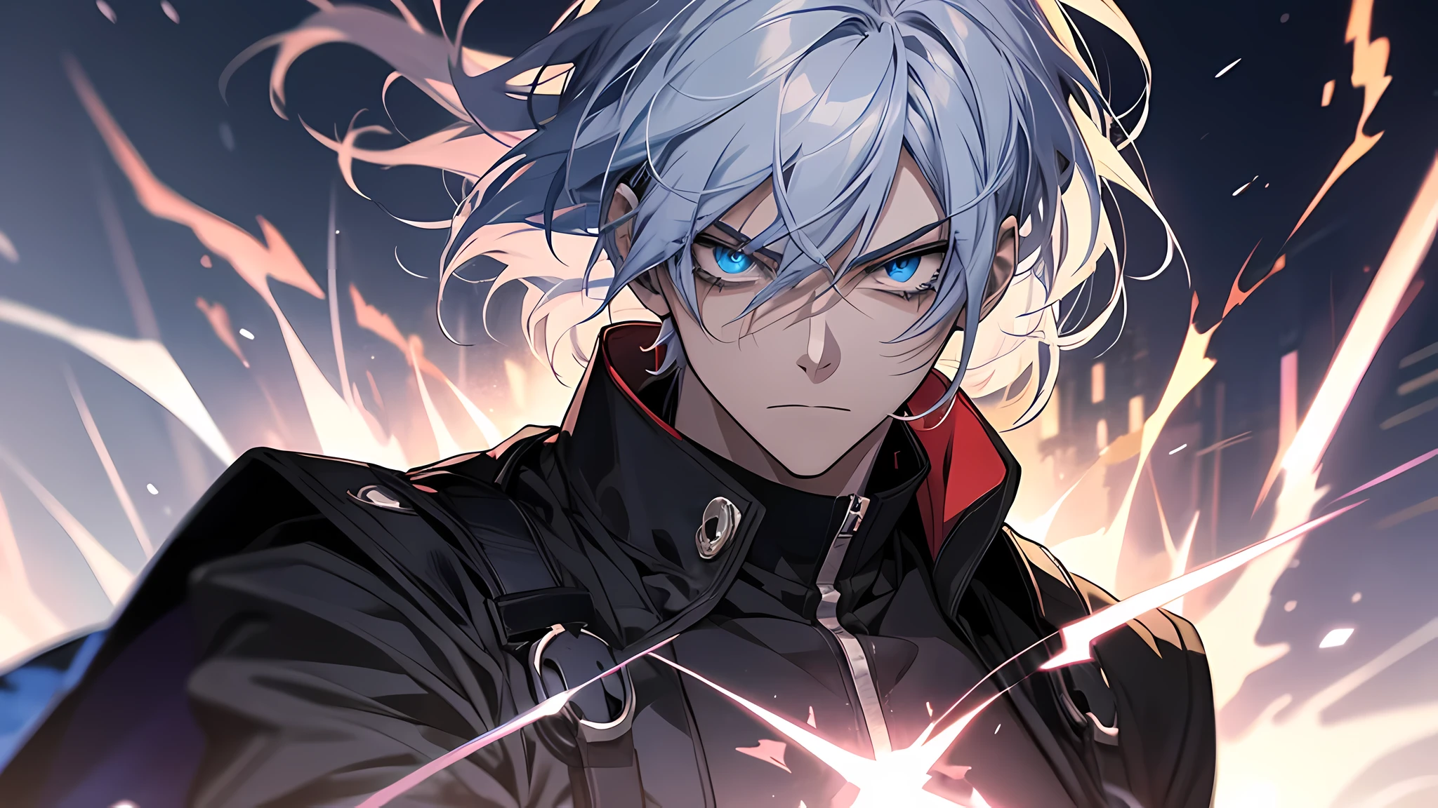 19y old, anime character with blue demonic eyes, tall anime guy with blue eyes, white hair, badass anime 8 k, detailed digital anime art, an epic anime of a energy man, epic anime style, anime moe artstyle, key anime art, anime man, trigger anime artstyle, male anime character, lighting around him, angry look, demonic eyes, lightning power