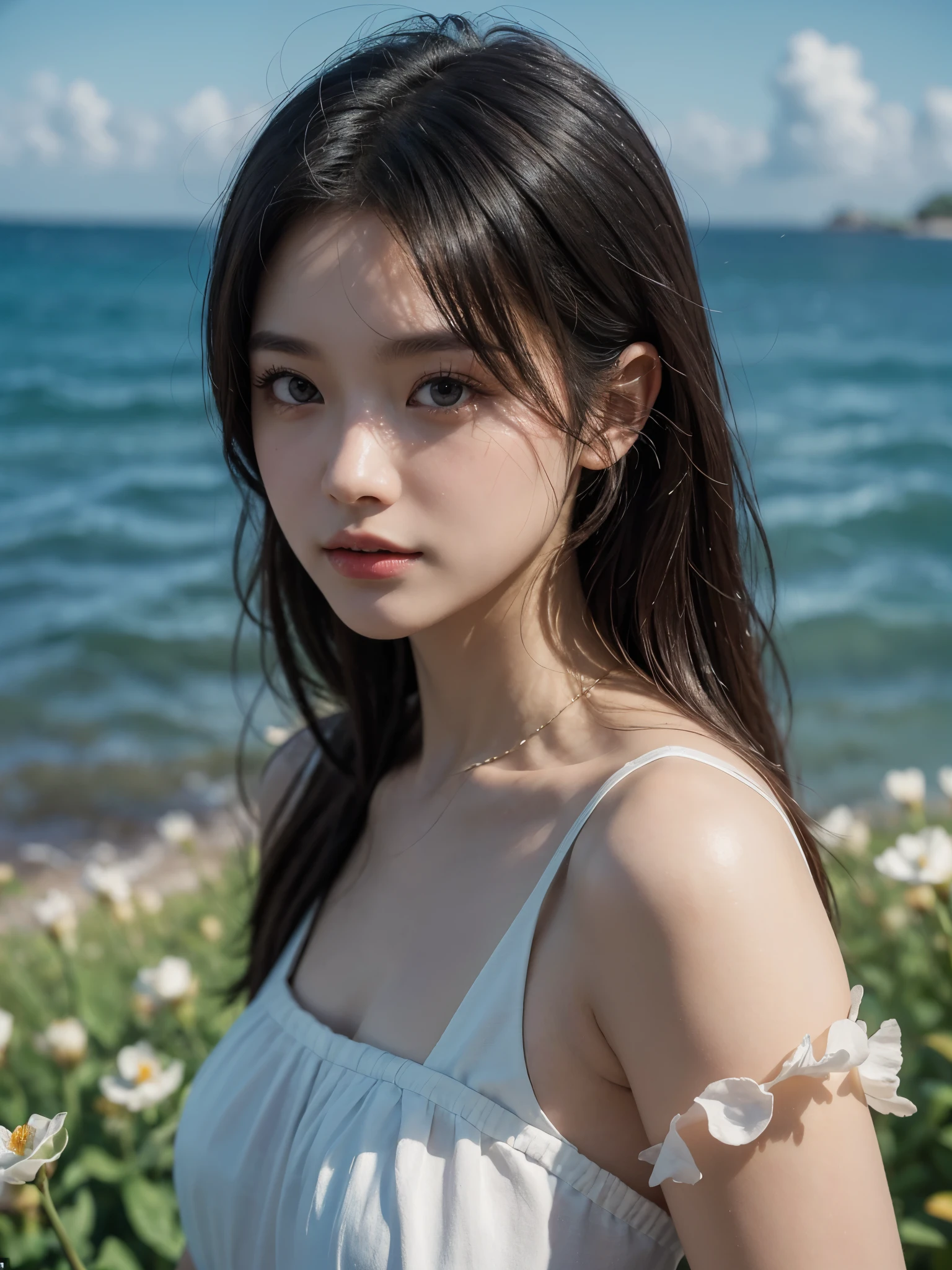 ((Pure beauty:0.8, surreal:1.2)), Caucasian meat:1.2, Bright Eyes:1.1), Light contrast and hue:1.1, high surface area:1.1, Picture quality:ultra high definition:1.or characteristics, high nose bridge, dynamic angle, Clouds and seas, Flower field in the foreground, Light tracing, lifelike, Informal art, Unified 8K, masterpiece，best quality, sparkling skin, light,