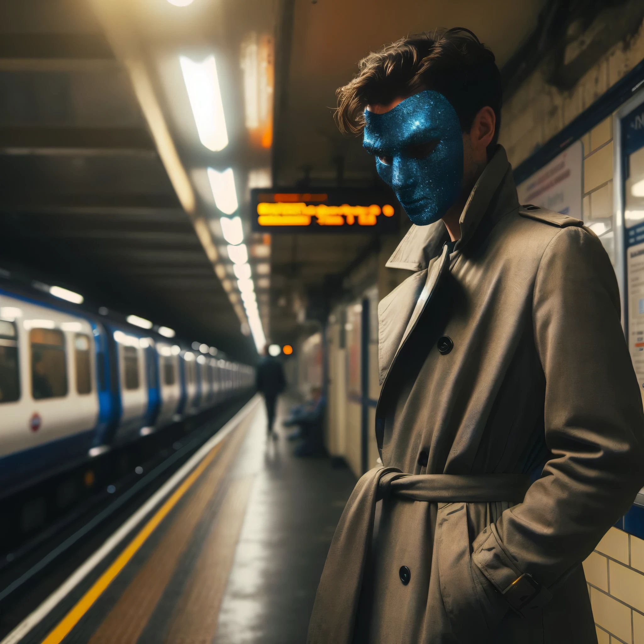arafed man in a trench coat and blue face paint standing in a subway station, hyper-realistic cyberpunk style, glowing blue face, blue holographic face, blue face unreal engine, cyberpunk photo, cyberpunk lut, cyberpunk style , hyperrealistic, frank moth, in cyberpunk aesthetic, the shaman of the subway, with blue skin, reminiscent of blade runner, mysterious man
