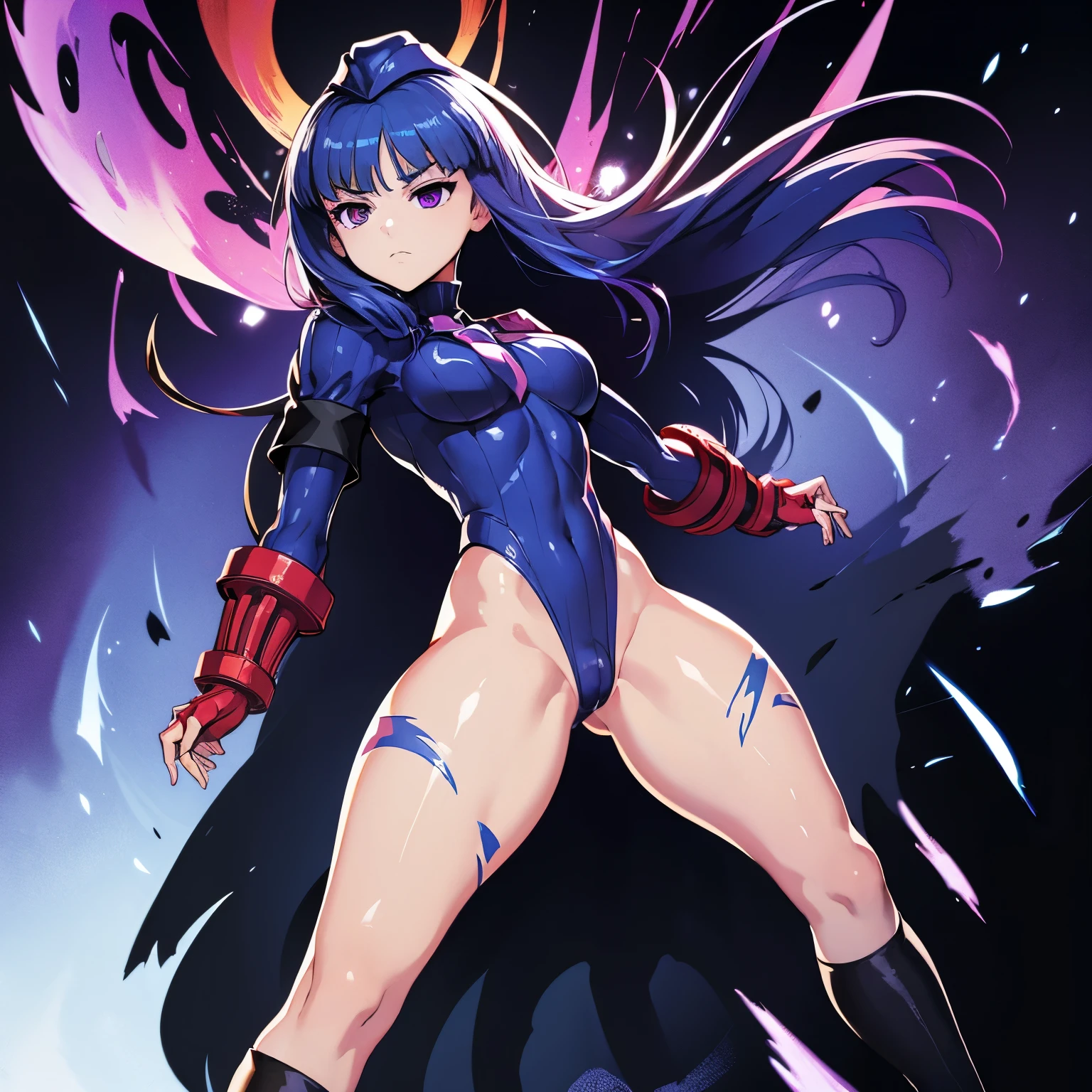 ultra-detailed, Explicit, Beautiful body, Beautiful Nose, Beautiful character design, perfect eyes, perfect face, ultra highres, 4K, beautiful legs, perfect legs, Nice hands, Perfect hand, Masterpiece, Best Quality, Highly detailed, illustration, absurdres, perfect anatomy, street fighter, doll suit, shadaloo doll, dollsuit, expressionless, blank eyes, looking at viewer, red gloves, emotionless, black latex, corrution, mind control, female combatant, full body, hypnotized, unhappy trance, full body suit, ribbed bodysuit, both arms at side, obey, perfect female body, extremely glossy latex, hypnosis, hypnoLora, empty eyes, Mind control device, poses, submissive_pose, Slave, stand up straight, standing, standing at attention, hat, necktie, belt, latex, ribbed bodysuit, thighhighs, garter belt, Fighting Stance, extending the right arm from the shoulder into the air with a straightened hand, military, thigh boots, 1girl, hair ornaments, blue hair, long hair, purple eyes, (((pixel-perfect, detail-perfect))), solo, 1girl, Frederica Bernkastel, umineko when they cry, blunt bangs, bowtie