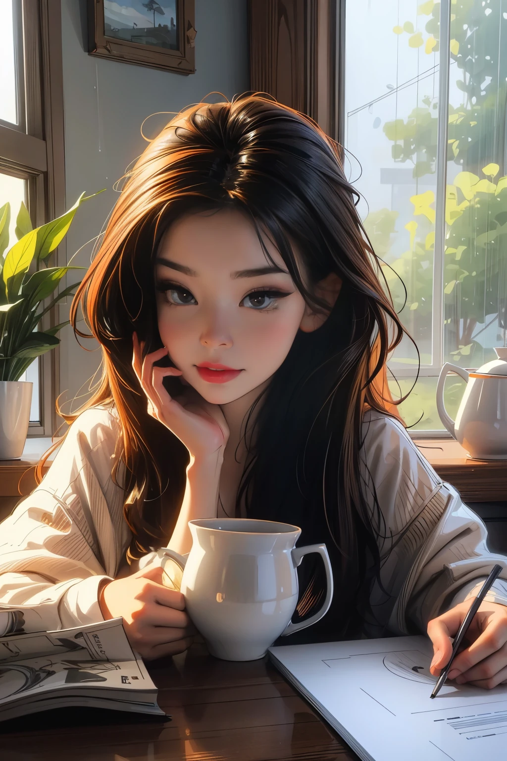 Araped Asian woman sitting at table with cup of coffee, realistic cute girl illustration, Guweiz style art work, Ilya Kuvshinov with long hair, Digital art Ilya Kuvshinov, Art Jereum and A.T. Gailan, cute portrait, realistic art style, realistic art style, Portrait of Morning Coffee, beautiful animated portraits