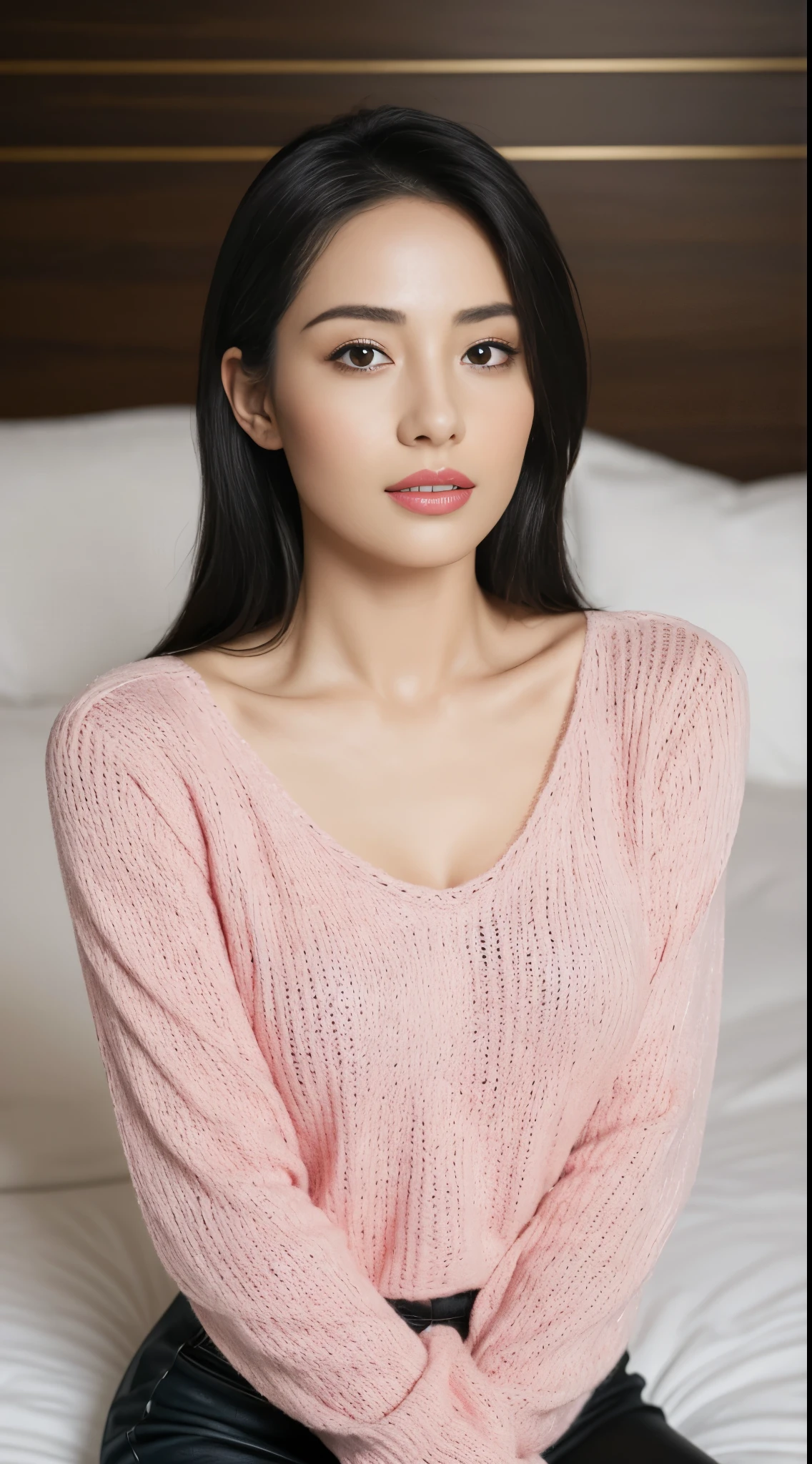 （（top quality，8k，masterpiece：1.3）），beautiful woman，hide your face，1 girl，Beautiful big breasts：1.3，slim abs：1.1，camisole，，long black hair，（Kneel on the bed），Super detailed face，highly detailed lips，delicate eyes，double eyelids，Pink knitted sweater