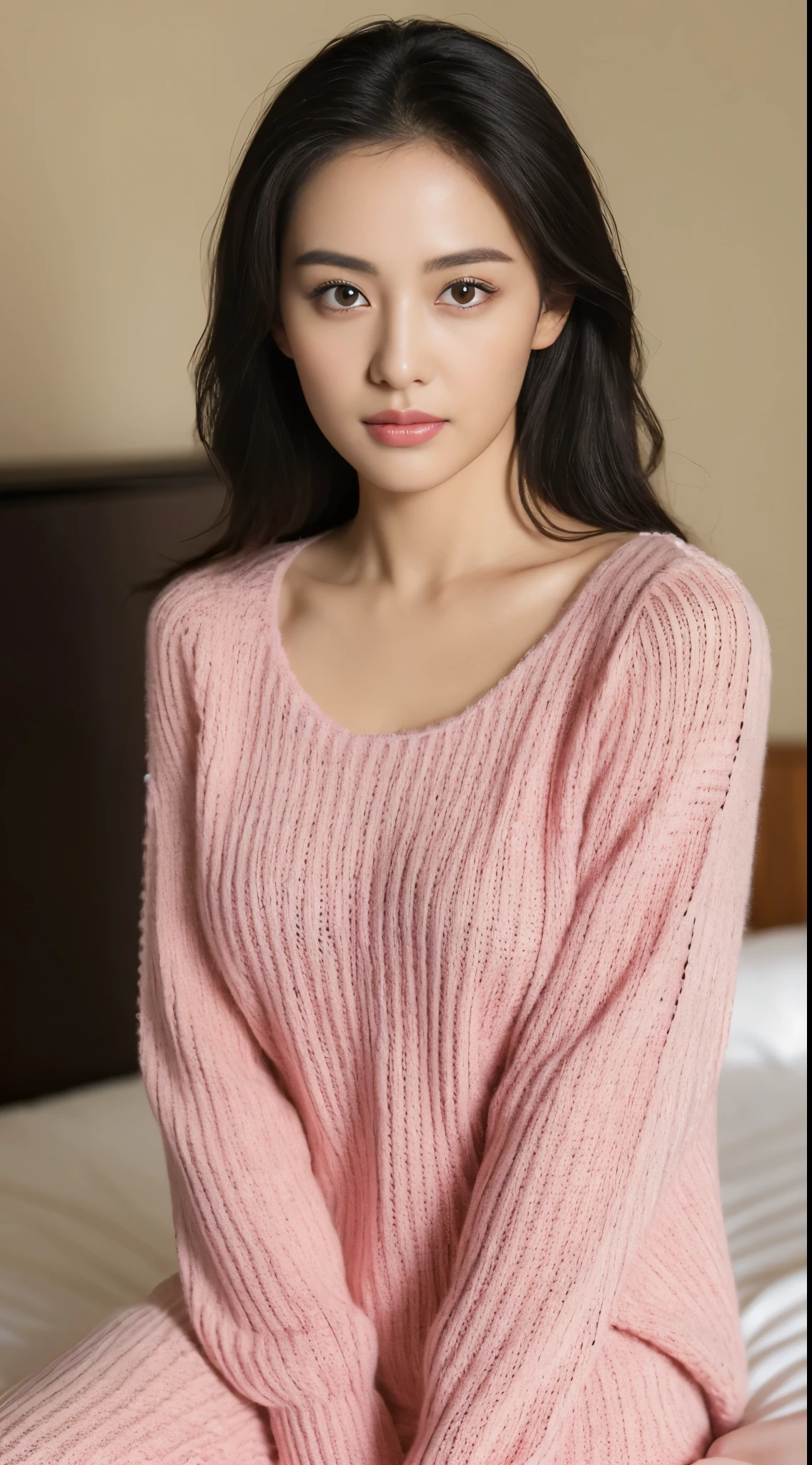 （（top quality，8k，masterpiece：1.3）），beautiful woman，hide your face，1 girl，Beautiful big breasts：1.3，slim abs：1.1，camisole，，long black hair，（Kneel on the bed），Super detailed face，highly detailed lips，delicate eyes，double eyelids，Pink knitted sweater