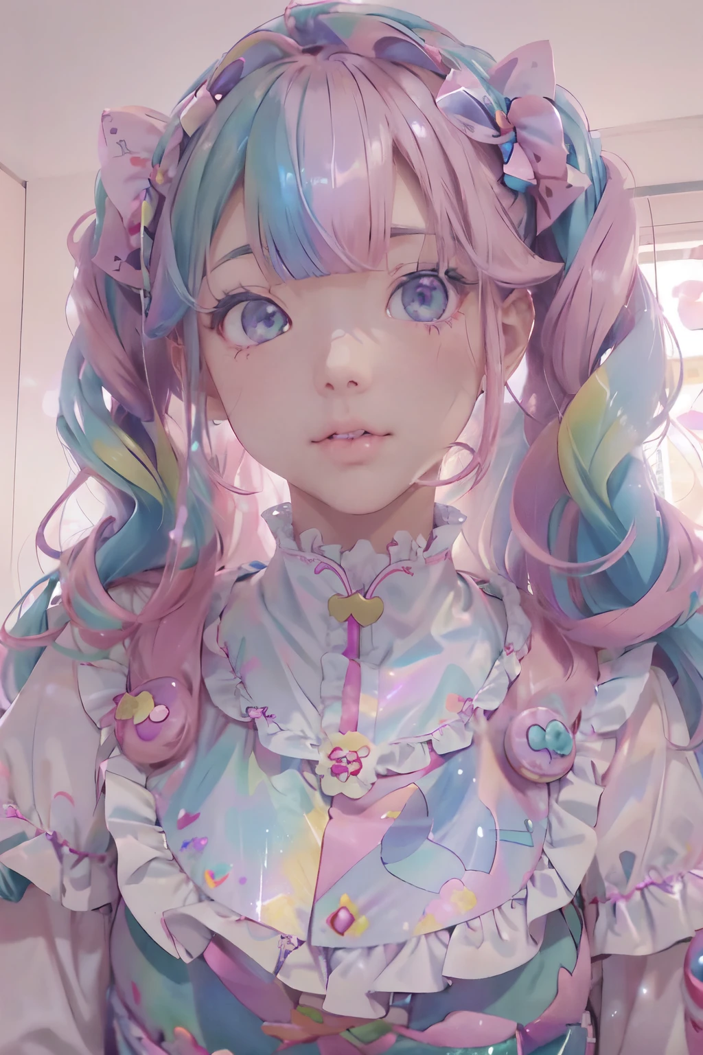 (8K, Best Quality, Master Piece: 1.2), Super High Resolution,beautiful woman,super detailed face, detailed eyes,nose flash,(pink hair, light blue multicolored hair),blunt bang,twintails,無表情,BREAK,セーラー襟,candy patterned ****ta fashion,白のニーハーソックス,lavender color dress,詳細な手指,(iridescent light:1.4),立っている,天蓋付きピンクのベッド、かわいい部屋