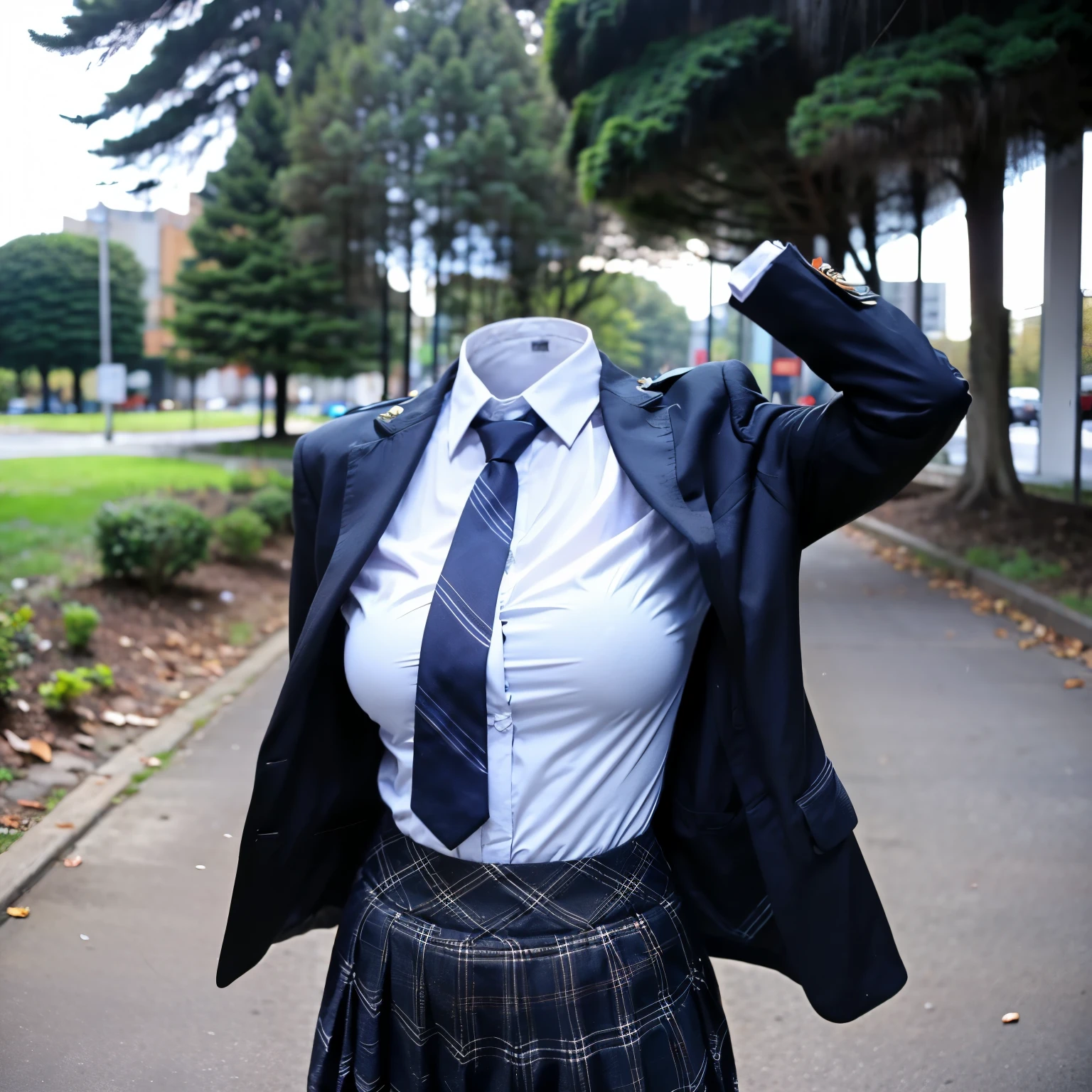 school uniform in park, (bra visible through clothes), stripe tie, plaid skirt, (invisible, no humans, headless, faceless:1.5), cute big breasts