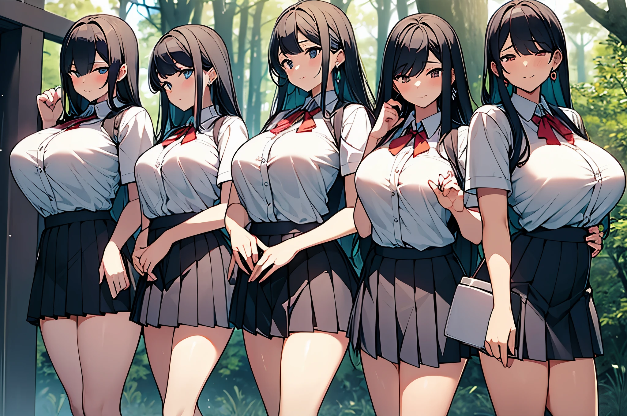 Three female students lined up in a row、black hair、earrings、red ribbon、big breasts、cleavage、chest comes out、night forest、極端に短いmini skirt、thighs thighs、navy pleated skirt、short sleeve shirt、sexy、adultery、despicable最高品質,realistic:1.37,HD,UHD,night forest,Three girls standing side by side,black hair,earrings,big breasts,cleavage,expose one&#39;s chest,mini skirt,thighs thighs,navy pleated skirt,Short-sleeved shirt,sexy,despicable、SEX dedication、white panties