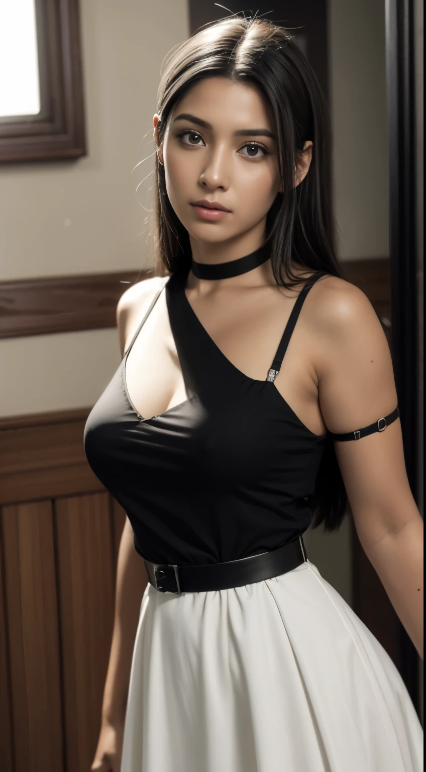 vestido, (photo realista:1.4), (hyper realista:1.4), (realista:1.3), (Softer lighting:1.05), (increase the quality of cinematic lighting:0.9), 32K, 1 garota,20yo , realista lighting, backlight, luz no rosto, ray tracing, (Luz brilhante:1.2), (Aumentar a qualidade:1.4), (melhor qualidade de pele textura real:1.4), olhos finamente detalhados, rosto bem detalhado, olhos de excelente qualidade, (cansado, sonolento e satisfeito:0.0), close de rosto, top branco solto , (((black bottom strap))) (Aumentar o humor da linha corporal:1.1), (Aumentar a beleza da textura da pele:1.1)