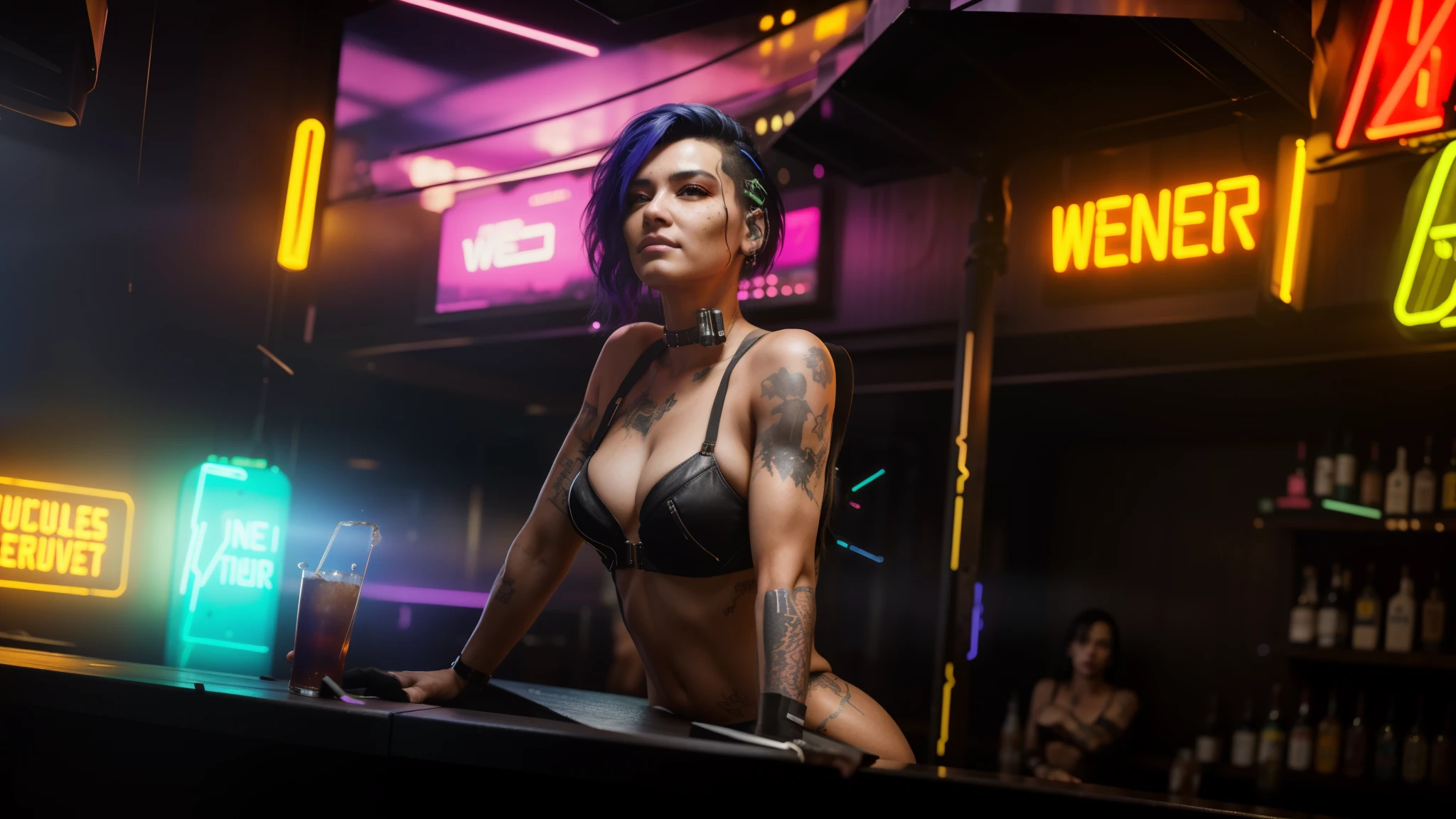  there is a woman sitting at a bar with a neon sign, cyberpunk 2 0 y. o model girl, cyberpunk art ultrarealistic 8k, cyberpunk beautiful girl, cyberpunk judy alvarez, cyberpunk photo, cyberpunk girl, cyberpunk jackie welles, in cyberpunk style, cyberpunk art style, beautiful cyberpunk woman model, cyberpunk nightclub, cyberpunk 8 k, cyberpunk 2077 color