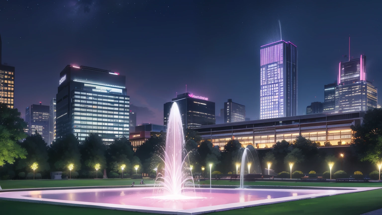 (Large park with fountain), big multi-story modern building, big modern building, several signs, (night), (very pink night sky)
