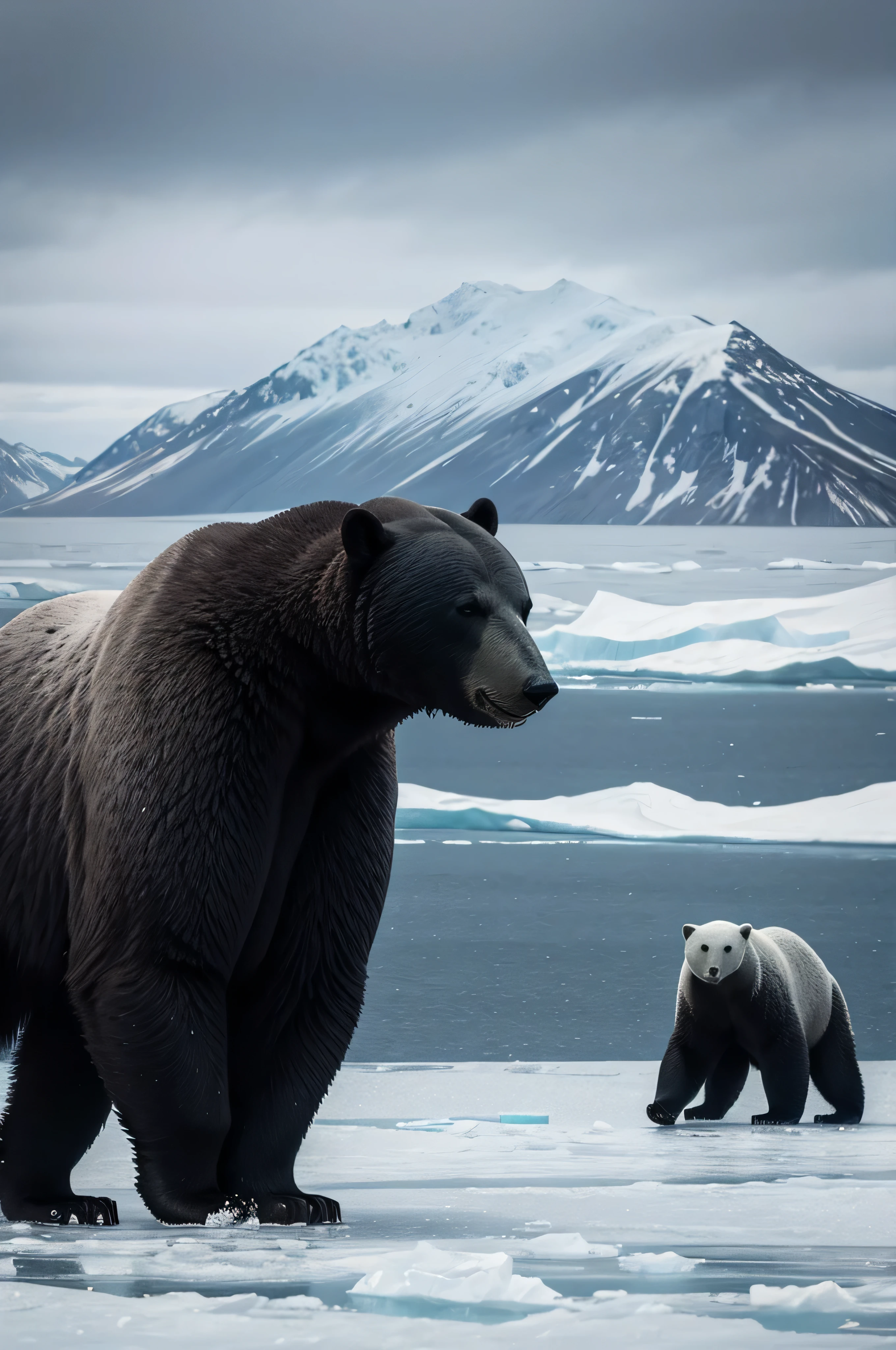 "Create a picture of a black polar bear in its icy territory. The habitat is a vast expanse of ice fields and snowy mountains.. The sky is covered with heavy clouds, sugerindo uma tempestade de neve iminente. O urso polar, com sua pelagem escura contrastando com o branco da neve, walks with heavy steps on the arctic ice. The Arctic environment must convey a feeling of vastness and isolation, highlighting the resilience and strength of the black polar bear in its natural habitat."