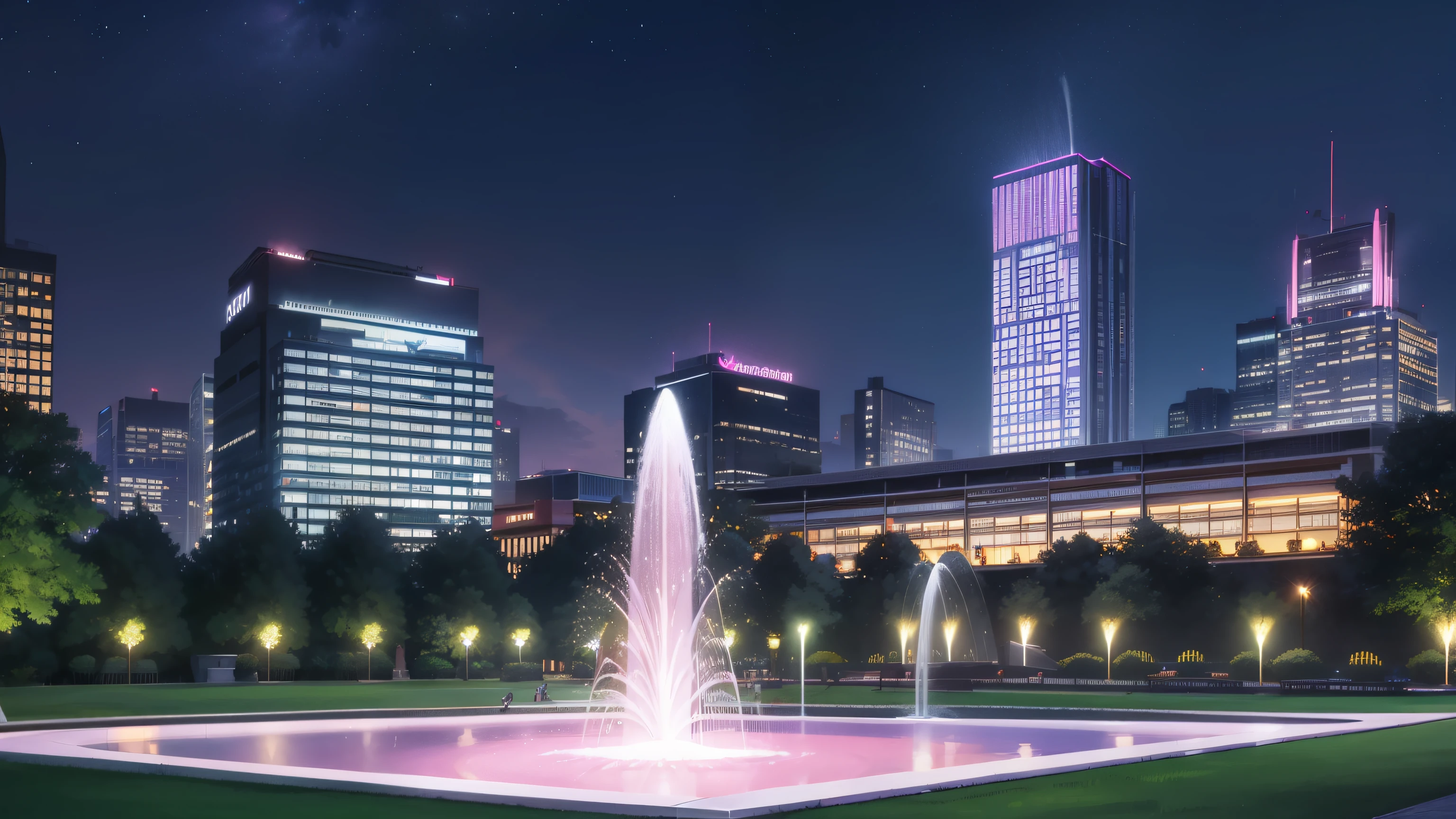 (Grande parque com fonte), large modern building de vários andares, large modern building, various signs, (noite), (very pink noite sky)