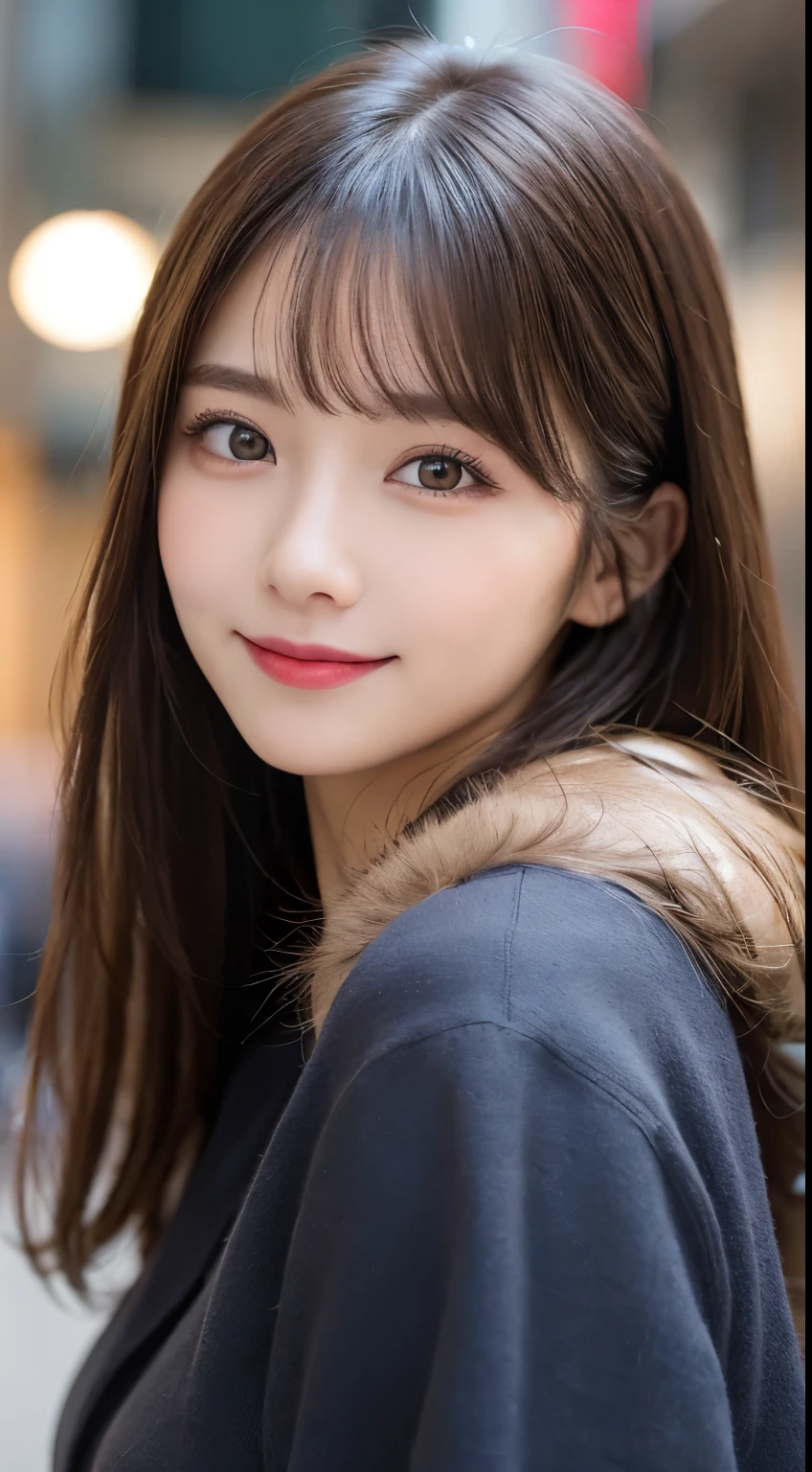 table top, highest quality, shape, Super detailed, finely, High resolution, 8k wallpaper, 完璧なダイナミックな構shape, beautiful and detailed eyes, Gorgeous winter fashion using fur,straight hair,small breasts、natural color lip,20 year old girl、cute、Sexy looking at camera,beautiful detailed face,perfect and beautiful face,KPOP idol face,japan idol face,elegant face,RAW photo,Big eyes,gal makeup,blur the background、Smile、Take a close-up photo of your face