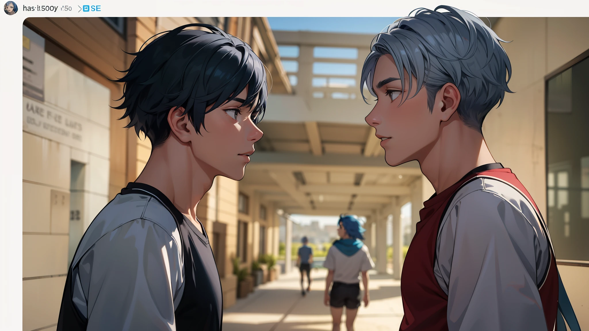 In the background is a silver city Two 15-year-old teenage friends with blue hair, With Latin skin and light gray hair on the outskirts of a large silver city they are talking about an important topic they are friends almost like brothers...........