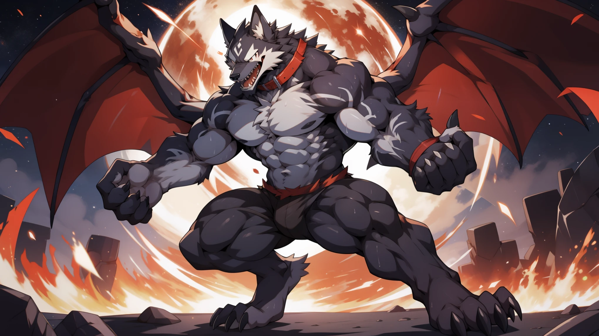 alone, hairy的, Wolf, hairy, 黑Wolf, Red hair, Red bangs, male, black eyes, Wolf ears, long kiss, fangs, fangs, sharp teeth, wereWolf, young, juvenile, clear eyes, a beautiful face, long legs, High, perfect anatomy, balance, black hair, black bangs, collar, exposed, 上身exposed, symbiont, Venom suit, muscle swelling, Dragon Wings, black muscular wings, The background is night, blood moon, explode, flame, dark, Handsome, stand, fighting stance, bodybuilder, Stretched arms，Show muscles, Sweat, blue veins, Roar, Roar, Show your strength, toe claws, 4 toes, 4 fingers, 8k, nj5hairy, (light particles),(best quality),(masterpiece),(super detailed), High光, shadow