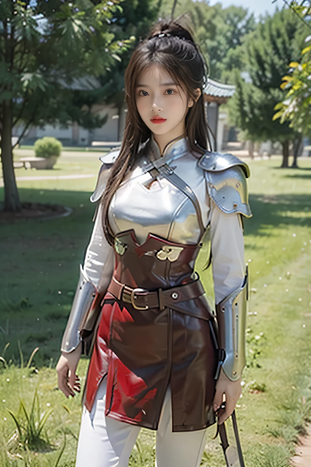 masterpiece,Best quality,A high resolution,8K,Original photo,real photo,Ancient city wall battlefield background,((field:1.8)),digital photography,(Female generals on the battlefield in the Han Dynasty),(((standing on the grass))),18-year-old girl,(long ponytail hairstyle),cparted lips,Full and erect breasts,Noble and charming,Elegant and serious,(metall armour),The combination of white metal and red leather,胸部metall armour,metallic luster,Leather buckle,Exquisite pattern,mysterious badge,Cool and gorgeouig breasts)),Chest groove,Three Kingdoms character painting style,Photo pose,oc render reflection texture,bright shades,No shadows on the face,Head-up shot,