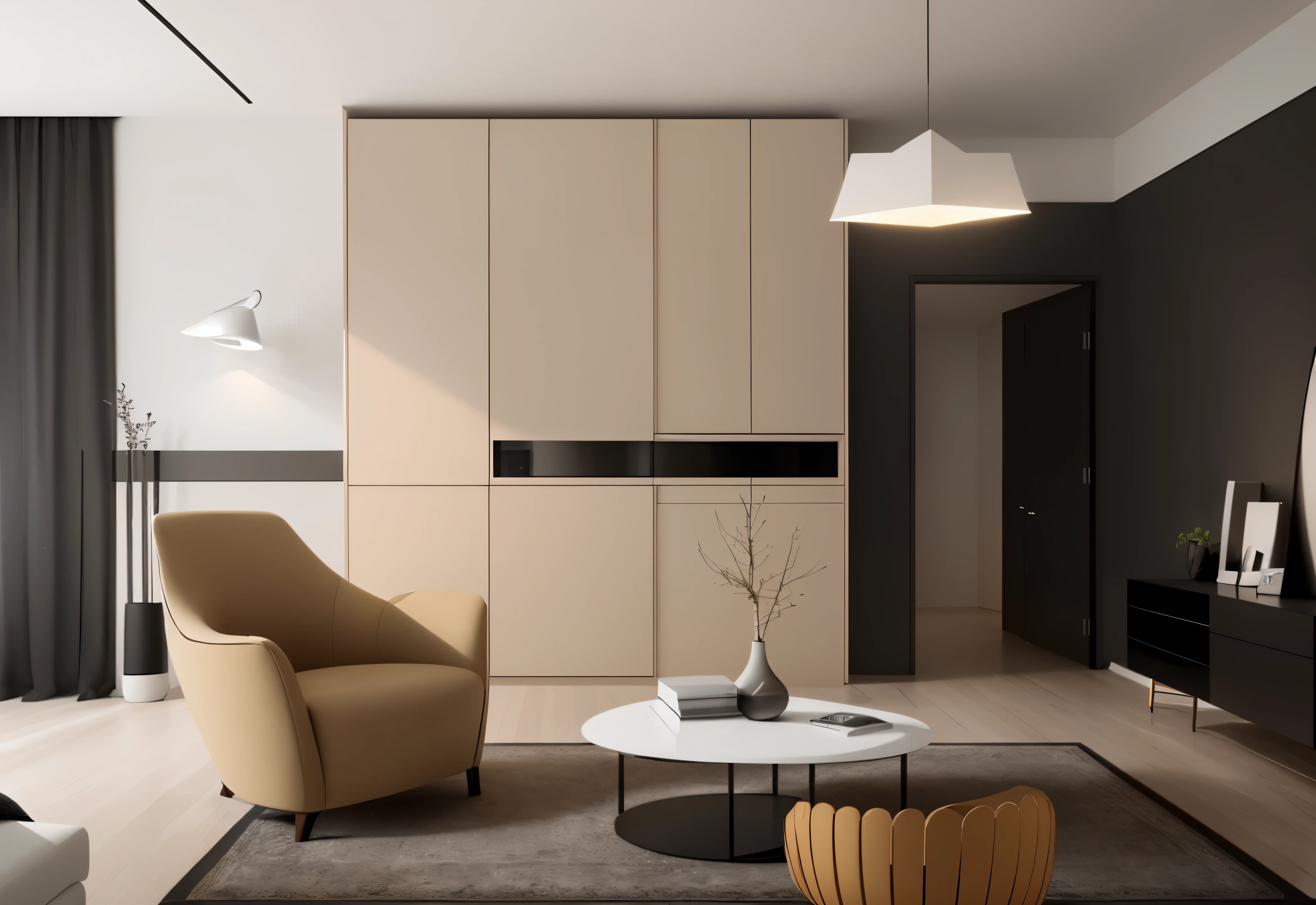 There is a living room with a sofa, Chair, coffee table and television, Modern and simple设计, Modern and simple, Modern and simple f 2 0, Modern and simple, Modern and simple f 2 0 clean, 3D rendering style, minimally modern, Beige and dark atmosphere, elegant minimalism, maximalist interior design, Simple and beautiful, High quality 3D rendering