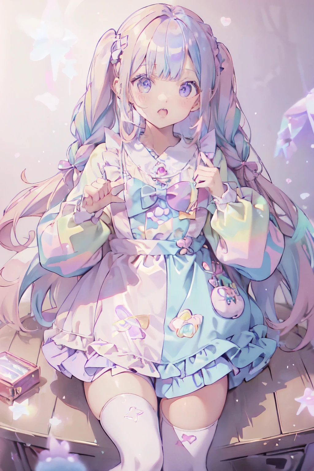 (8K, Best Quality, Master Piece: 1.2), Super High Resolution,beautiful woman,super detailed face, detailed eyes,nose flash,(pink hair, light blue multicolored hair),blunt bang,twintails,無表情,open mouth,BREAK,セーラー襟,candy patterned lolita fashion,white knee-high socks,lavender color dress,詳細な手指,(iridescent light:1.4),立っている,天蓋付きピンクのベッド、かわいい部屋