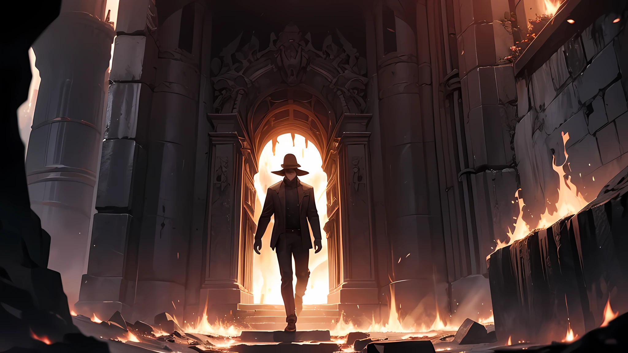 A man walks up the stairs in a cave, stairs from hell to heaven, Hellscape, Travel through hell, portal to hell, Out of the flames, portal to hell, stairway to heaven, portal to hell, Surreal hell, portal to hell, Stand in hell, iintricate、Epic composition, amazingly epic visuals, Hell background, The development team’s gloomy intention to not even begin the Hell difficulty without a high level of control seems excessive