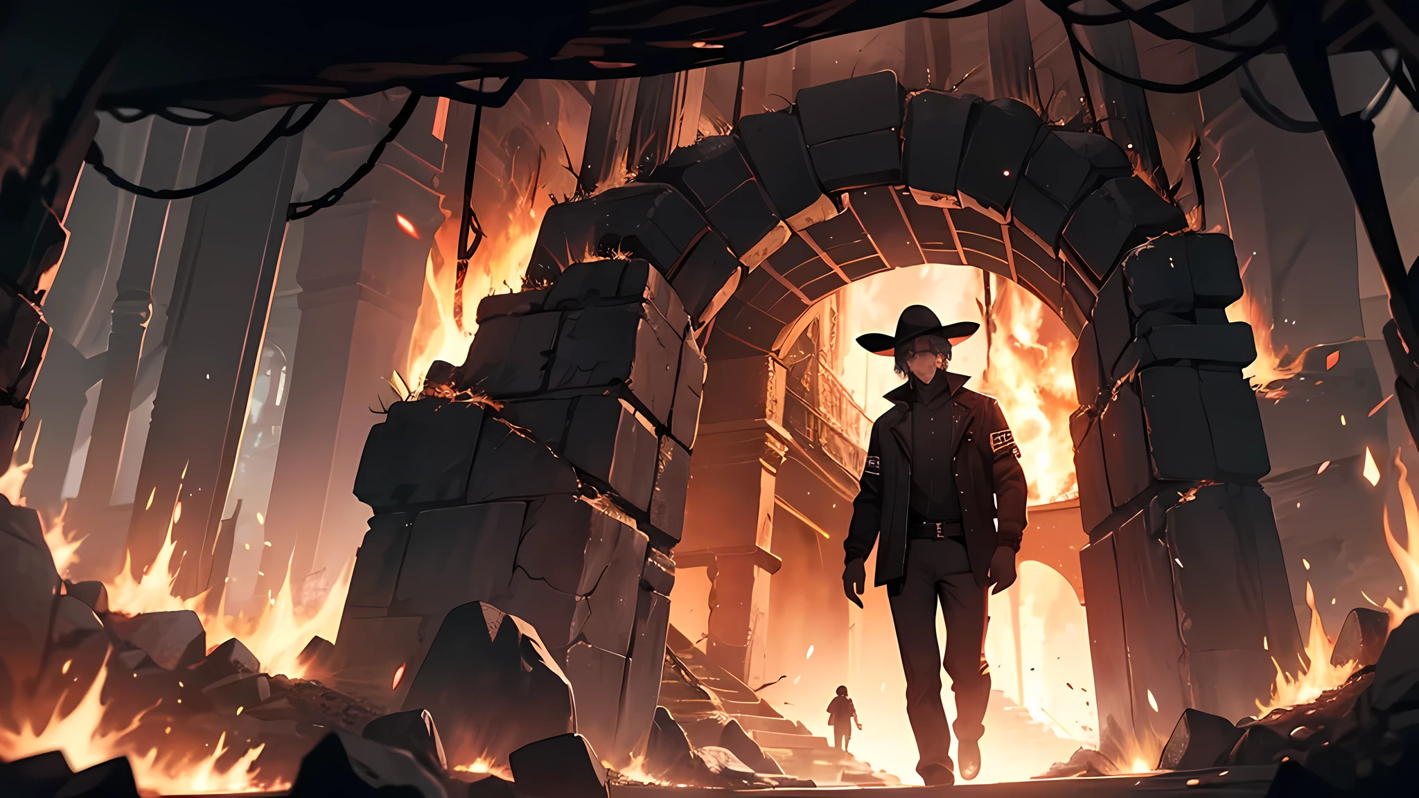 A man walks up the stairs in a cave, stairs from hell to heaven, Hellscape, Travel through hell, portal to hell, Out of the flames, portal to hell, stairway to heaven, portal to hell, Surreal hell, portal to hell, Stand in hell, iintricate、Epic composition, amazingly epic visuals, Hell background, The development team’s gloomy intention to not even begin the Hell difficulty without a high level of control seems excessive