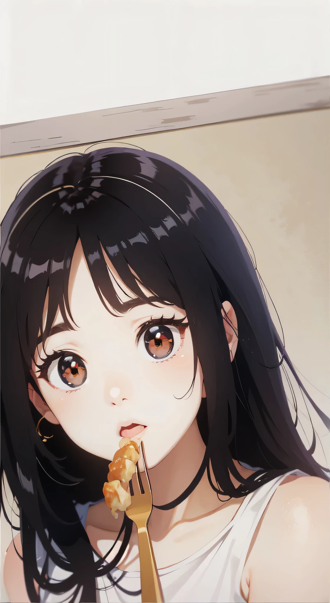 best quality,ultra-detailed,realistic,anime,round face,cute slanting eyes,cute round face,inpainting, adorable eyes,pale round face,Ulzzang,soft round face,cute and round face,adorable Korean face,sex,beautiful round face,young and adorable Korean face,fluffy bangs,she has a cute face,using a fork to eat a piece of food.