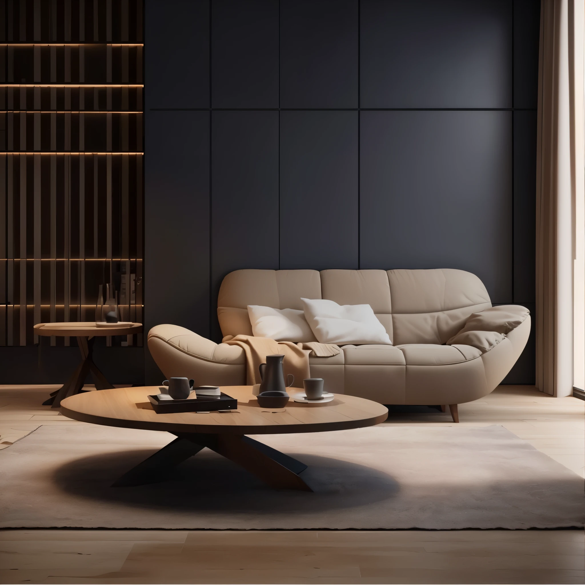 There is a sofa and a table in the room, Dark and beige atmosphere, Beige and dark ambience, 3D rendering style, High quality 3D rendering, High quality 3D rendering, Luxury wooden coffee table, Rendering in Lumion Pro, excellent 3d render, Apartment with black walls, 3ds max rendering, Rendering in V-Ray