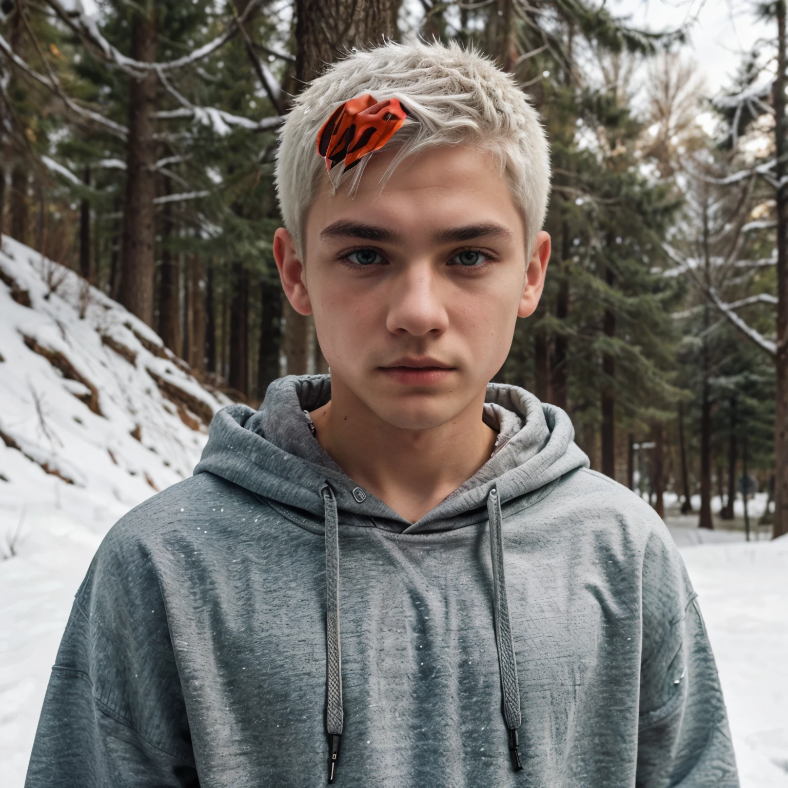 Cute boy, white hair, wolfcut, man face, boy, 16 years, green eyes, teenage, black eyebrows, young faced leaning pose wearing a hoodie, in the winter