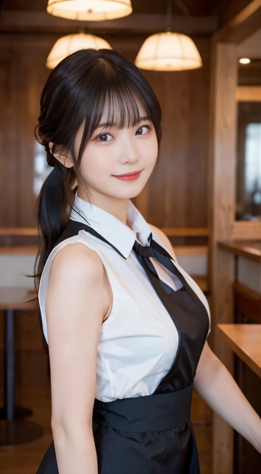 (highest quality,masterpiece:1.3,ultra high resolution,),(Super detailed,caustics),(Photoreal:1.4,RAW shooting,)ultra-realistic capture,very detailed,High resolution 16K human skin close-up。 natural skin texture、,The pores are、、、Must be detailed enough to be easily identified。 Skin should look even-toned and healthy。 Use natural light and color,restaurant,Waitress Uniform,1 girl,Japanese,18-year-old,cute,black haired,ponytail,big breasts,smile,turn your body forward,(Front view:1.1),look at the camera,cowboy shot,