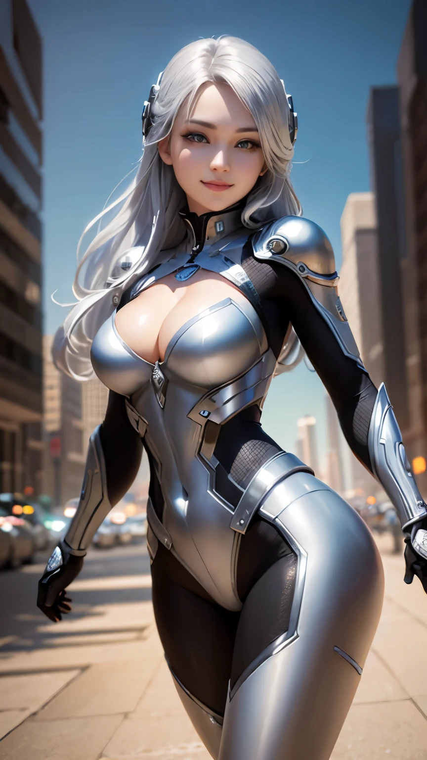 ((top quality)),(detailed description),(best work of art),Sci-Fi Art, tight suit, cleavage、beautiful eyes、3D rendering、smile、silver hair、realistic、future city