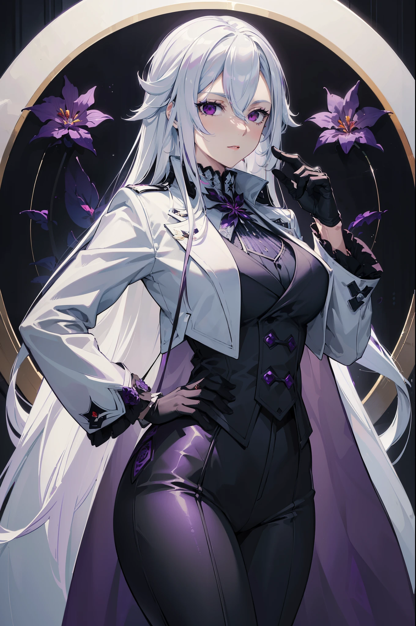 (best quality:1.3), (masterpiece:1.3), (illustration:1.3), (ultra-detailed:1.3), 1girl, solo, ((long hair, white hair, purple eye, black coat, purple flower pattern)), large breasts, black pants, white tailcoat, serious expression, tall, mature, elegant, black gloves, one hand on hip,